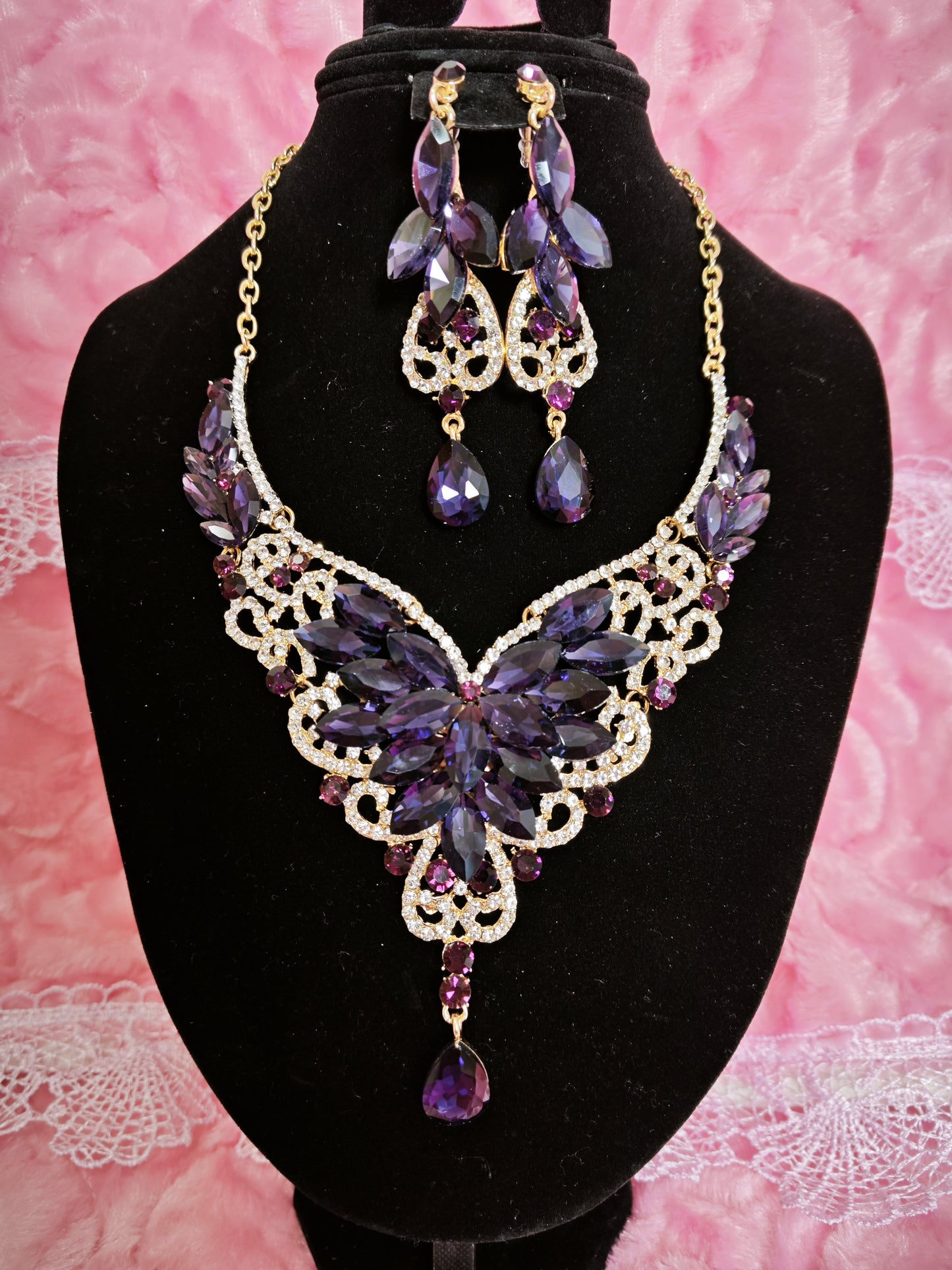Gilded Amethyst & Crystal Floral Necklace & Earring Set