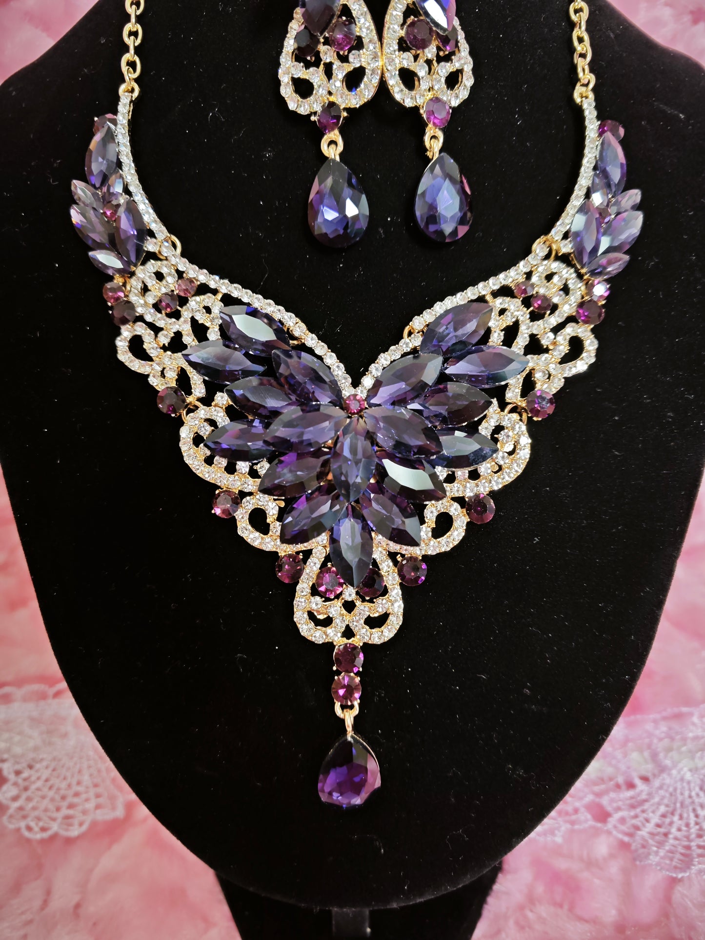 Gilded Amethyst & Crystal Floral Necklace & Earring Set