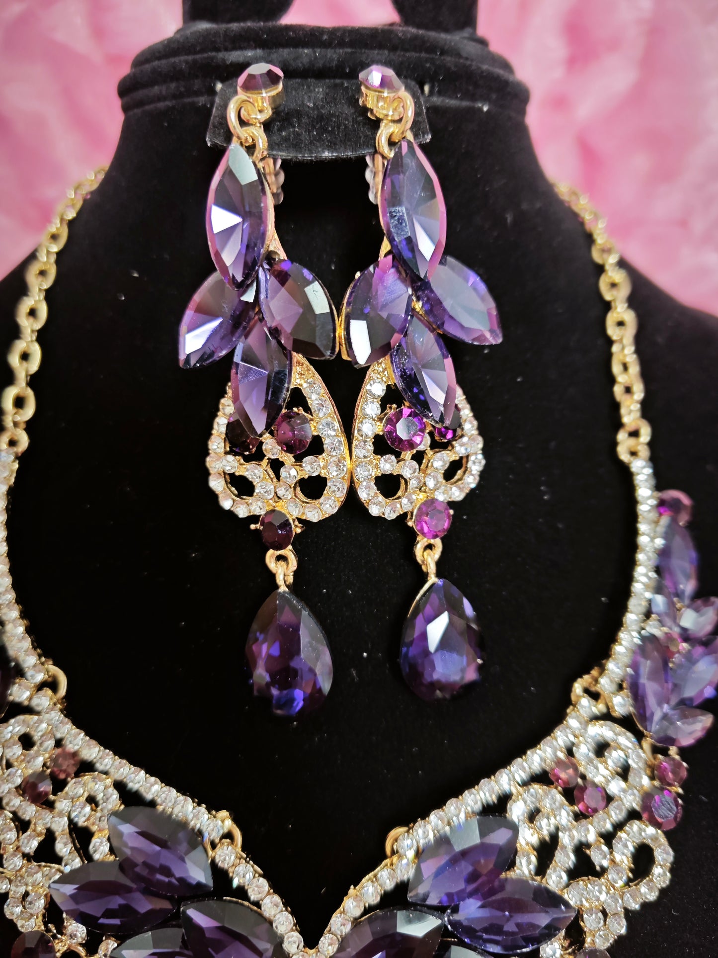 Gilded Amethyst & Crystal Floral Necklace & Earring Set