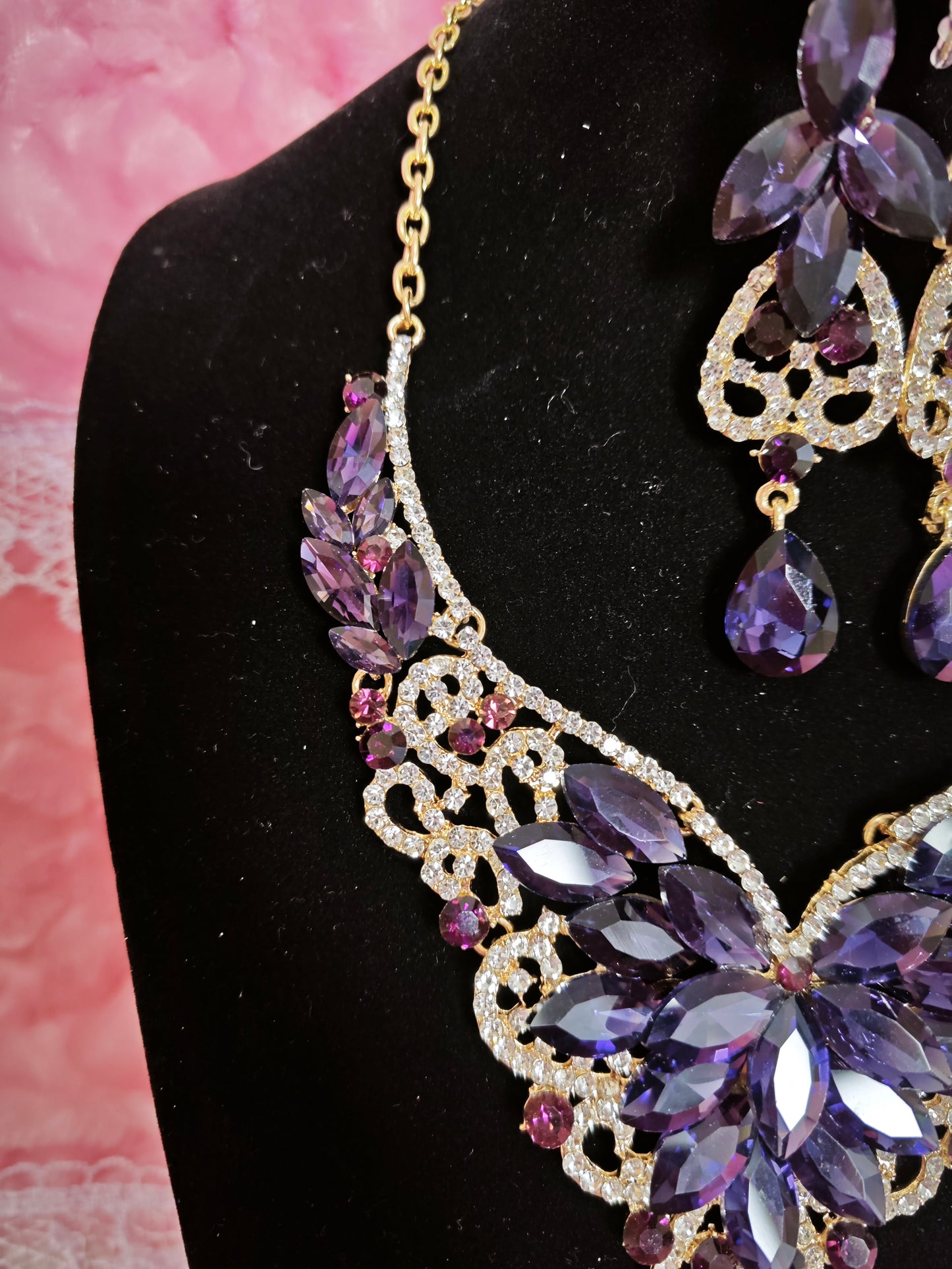 Gilded Amethyst & Crystal Floral Necklace & Earring Set