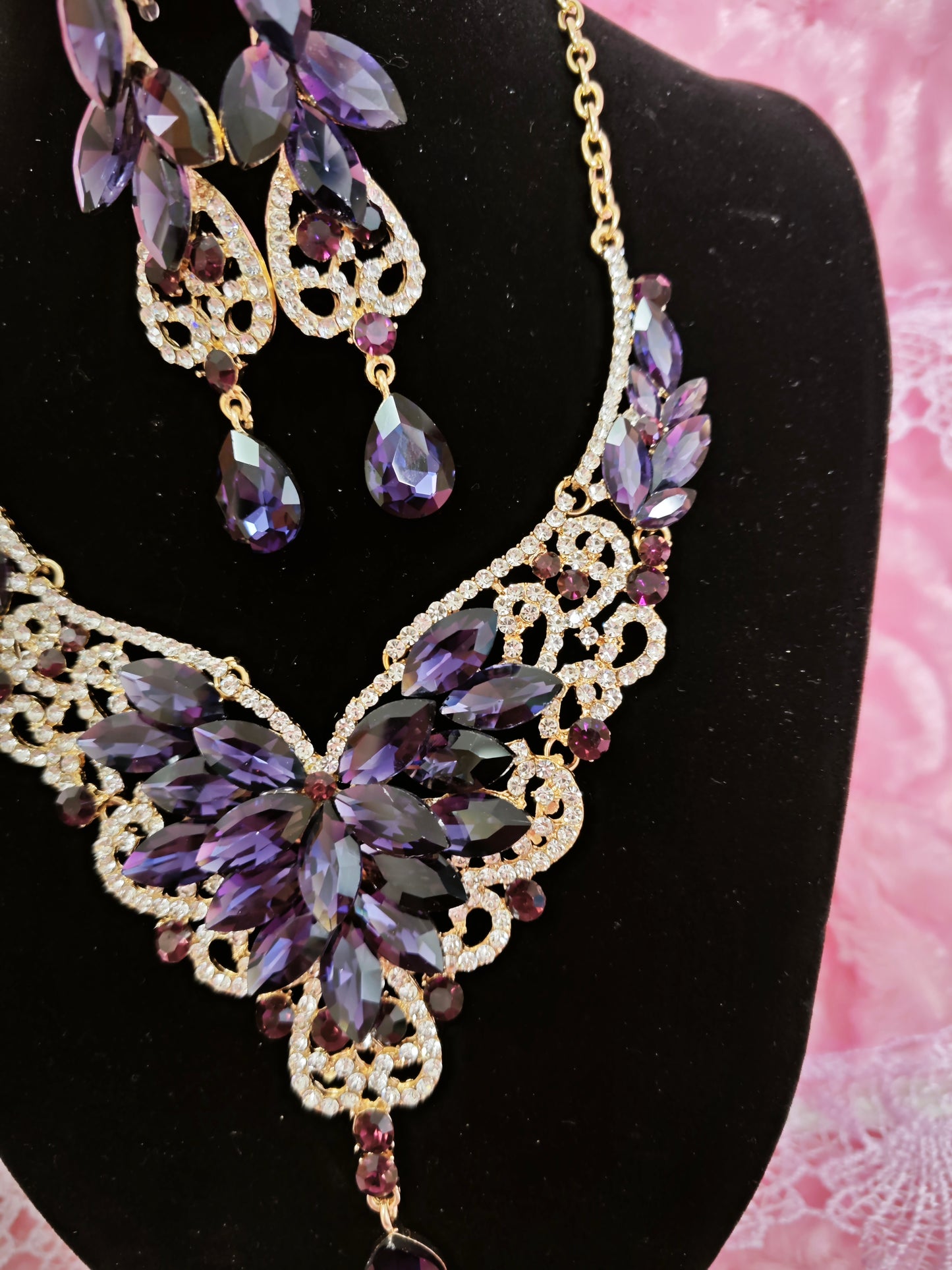 Gilded Amethyst & Crystal Floral Necklace & Earring Set