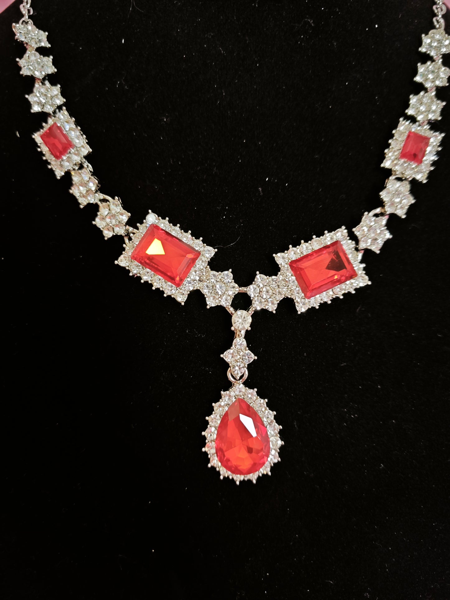 Silver Red Crystal & Diamond Geometric Necklace & Earring Set