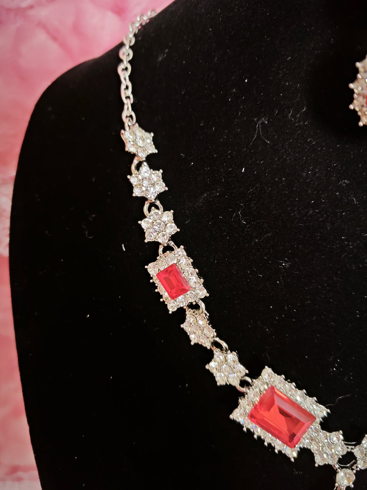 Silver Red Crystal & Diamond Geometric Necklace & Earring Set