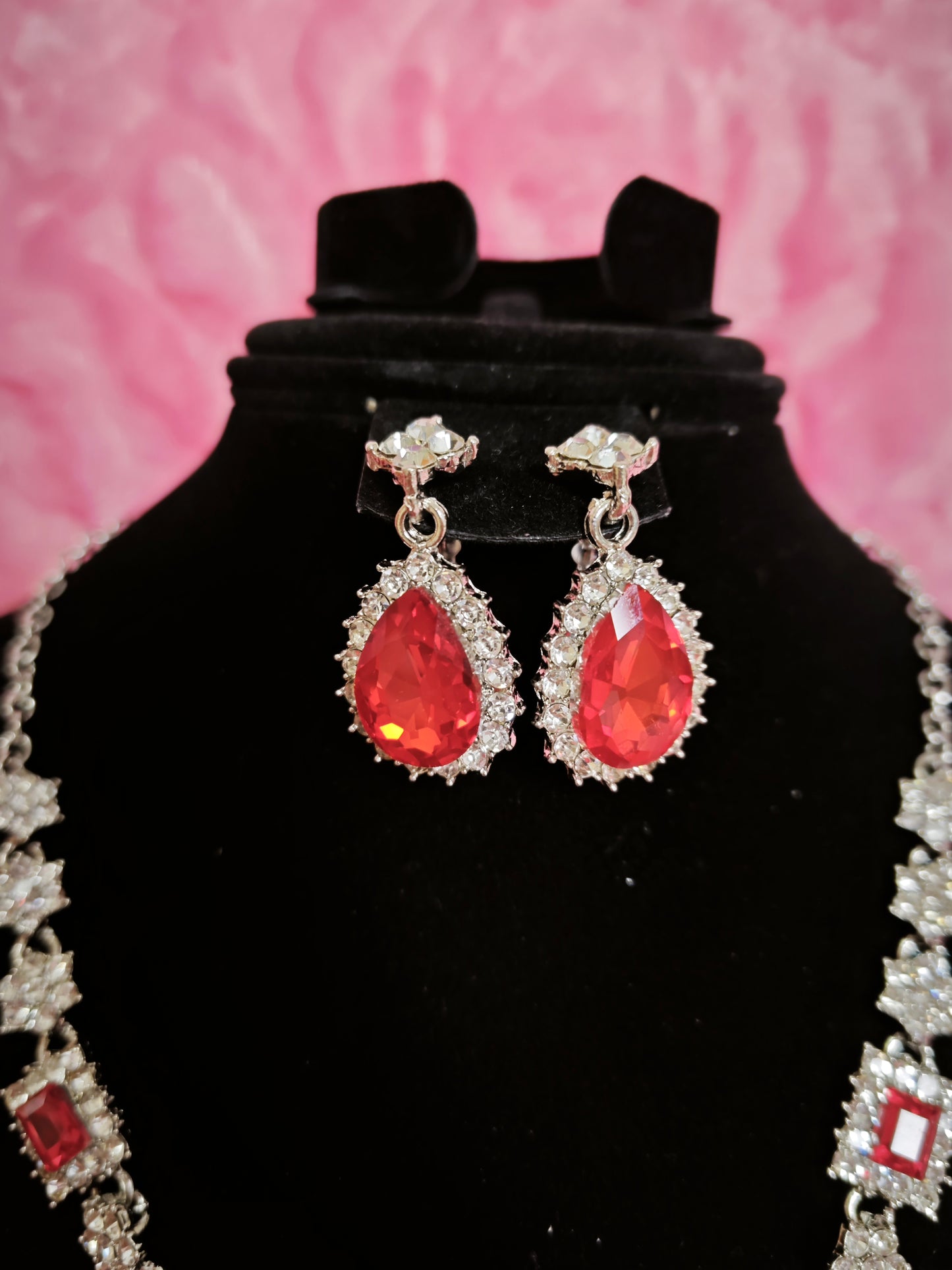 Silver Red Crystal & Diamond Geometric Necklace & Earring Set