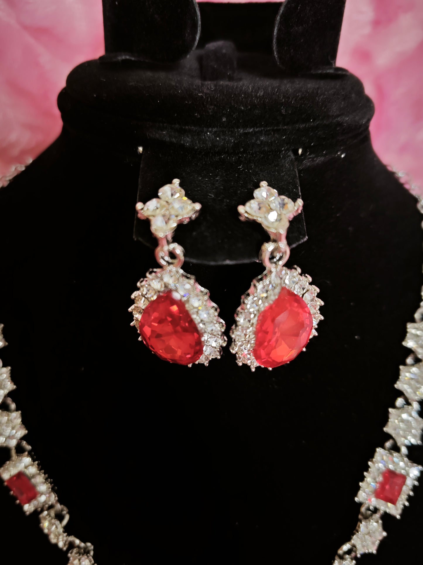 Silver Red Crystal & Diamond Geometric Necklace & Earring Set