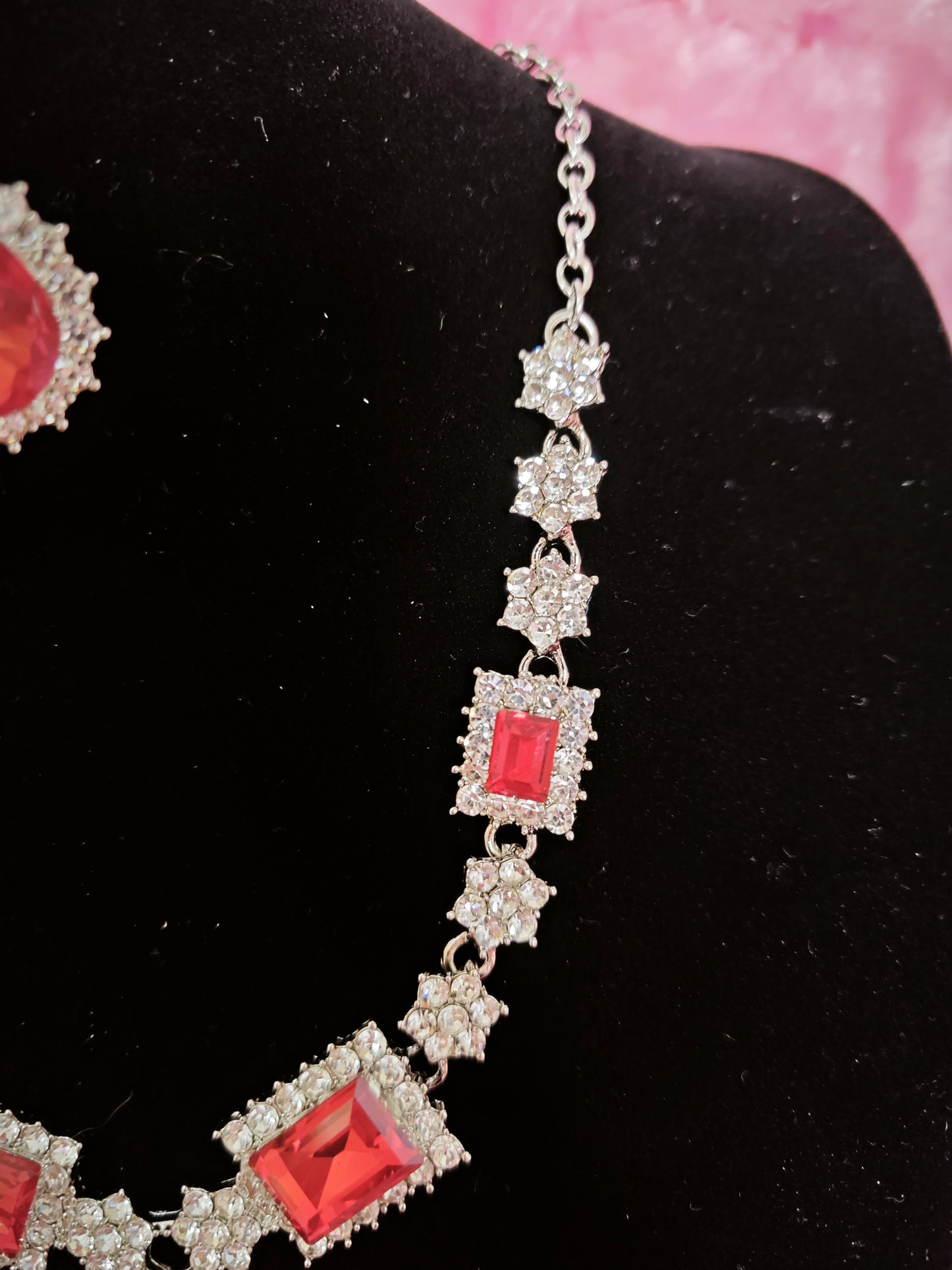 Silver Red Crystal & Diamond Geometric Necklace & Earring Set