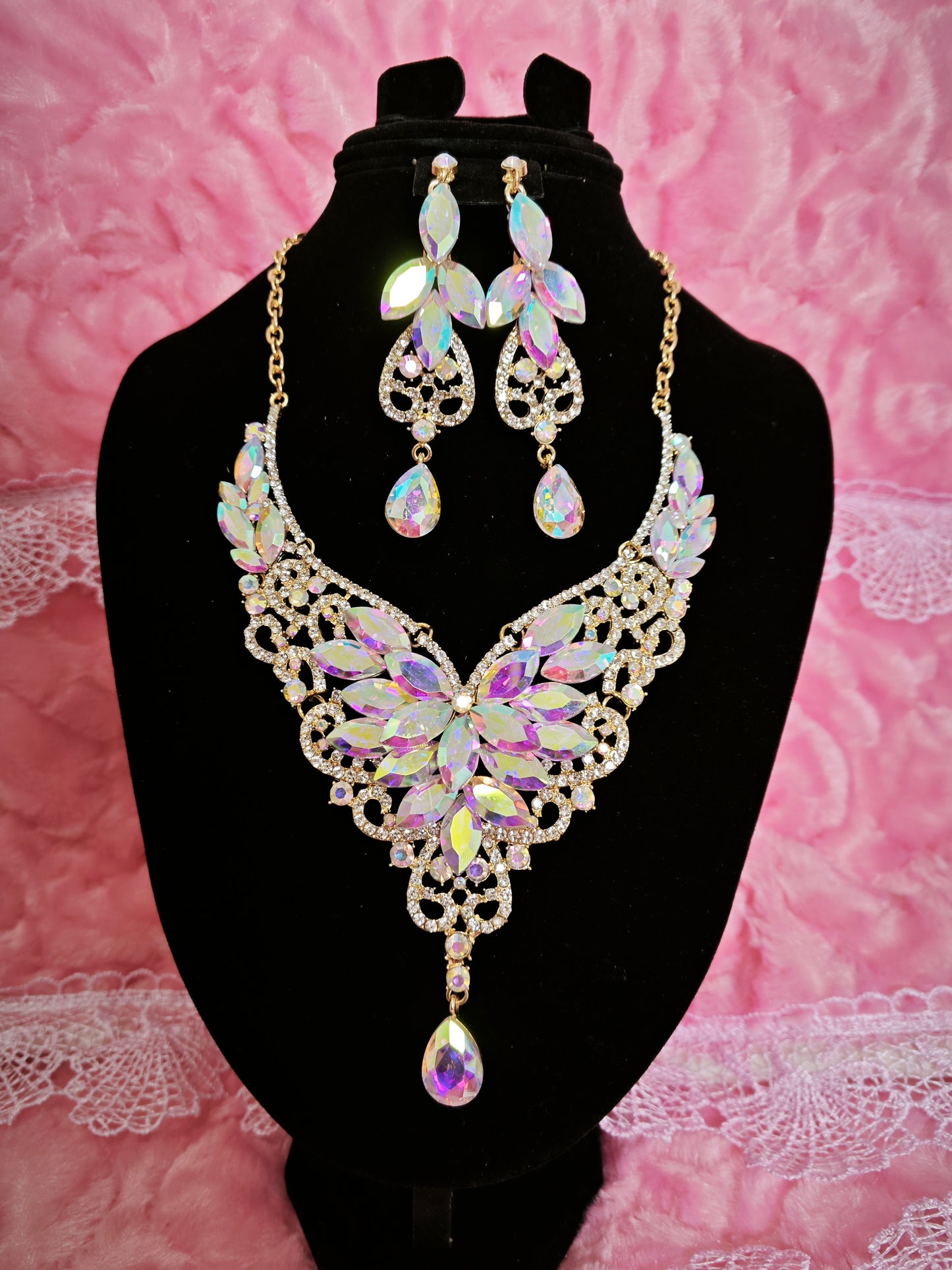Gilded Iridescent Crystal Floral Necklace & Earring Set