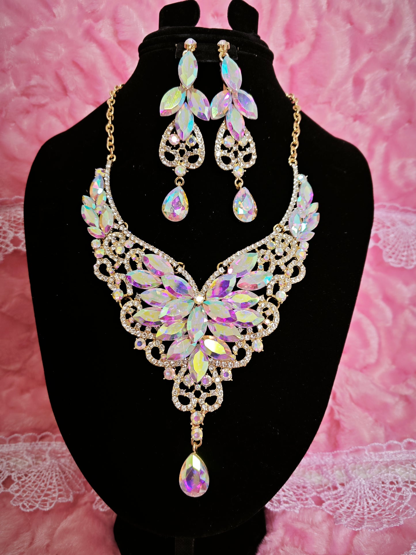 Gilded Iridescent Crystal Floral Necklace & Earring Set