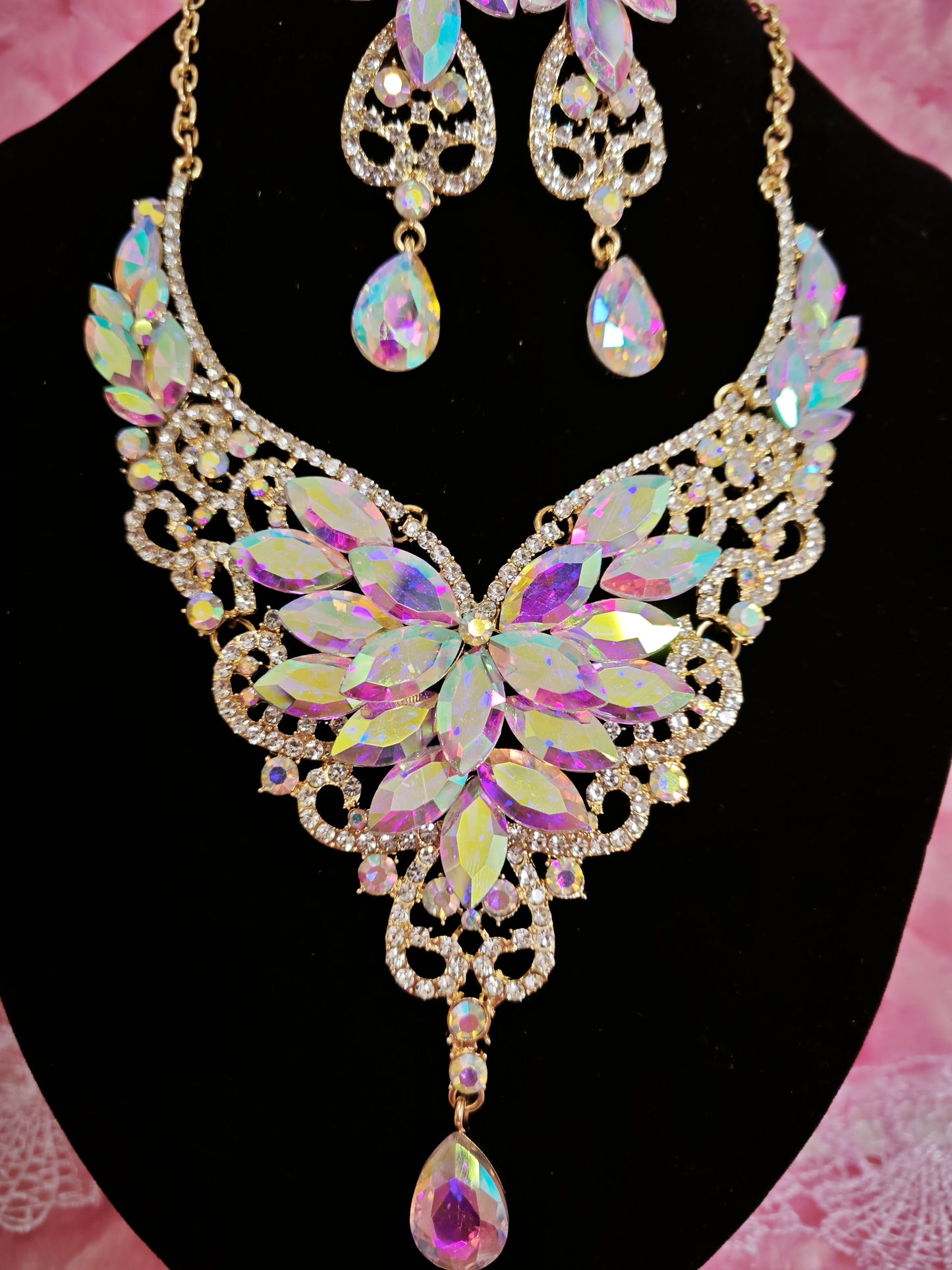 Gilded Iridescent Crystal Floral Necklace & Earring Set