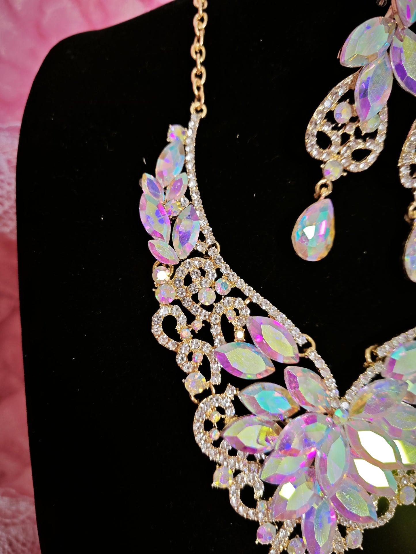 Gilded Iridescent Crystal Floral Necklace & Earring Set