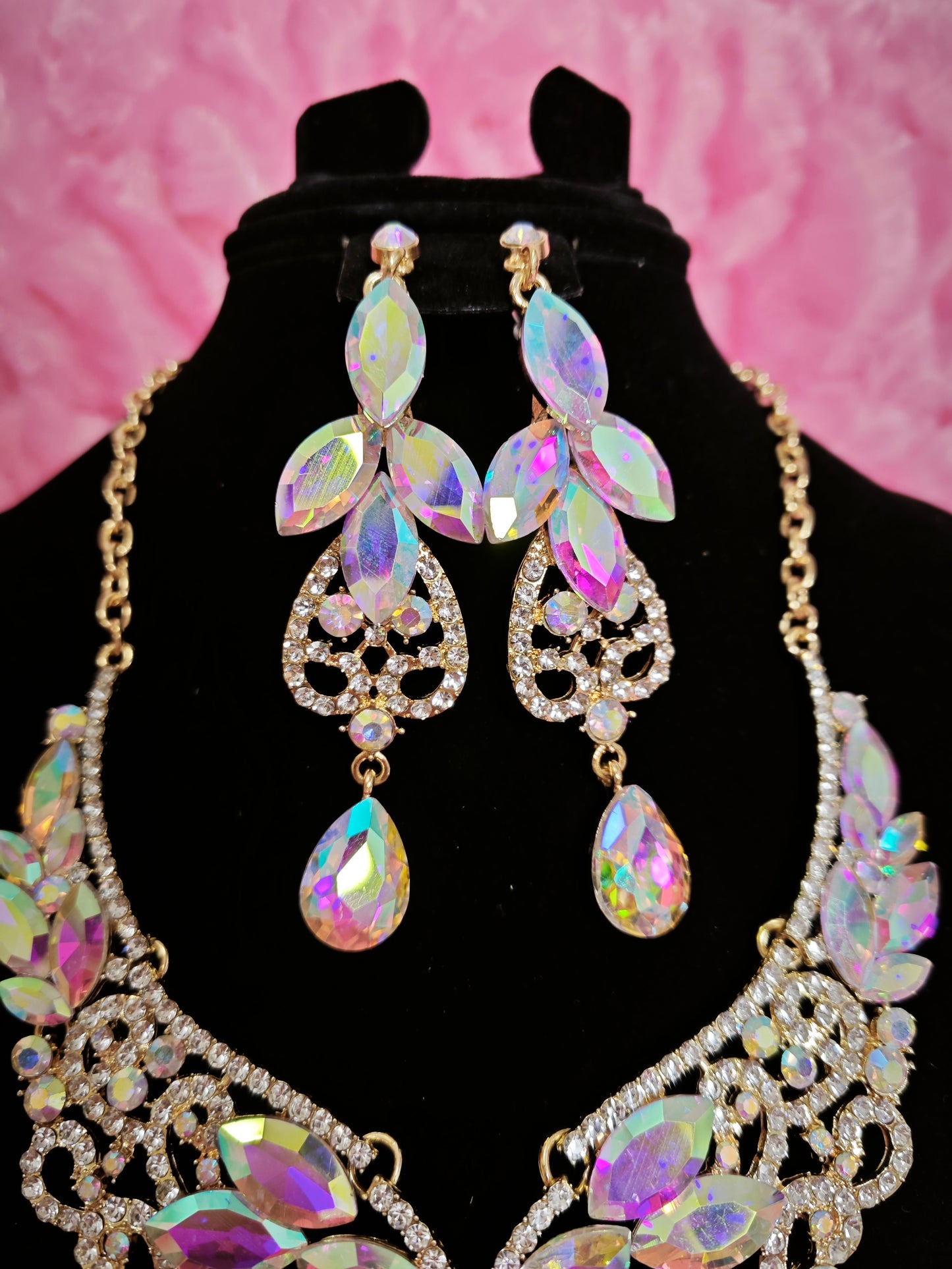 Gilded Iridescent Crystal Floral Necklace & Earring Set