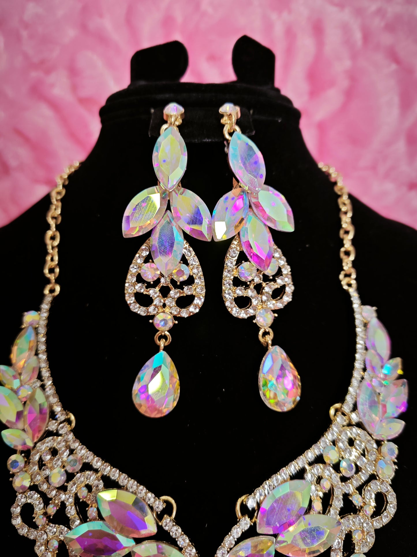 Gilded Iridescent Crystal Floral Necklace & Earring Set