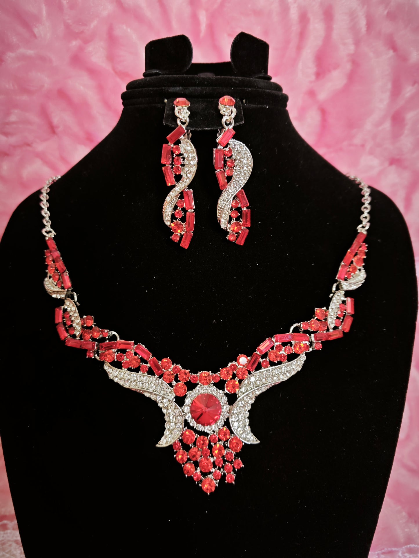 Red Crystal & Diamond Wing Necklace & Earring Set