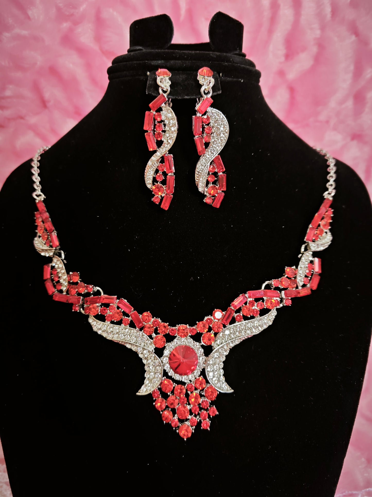 Red Crystal & Diamond Wing Necklace & Earring Set
