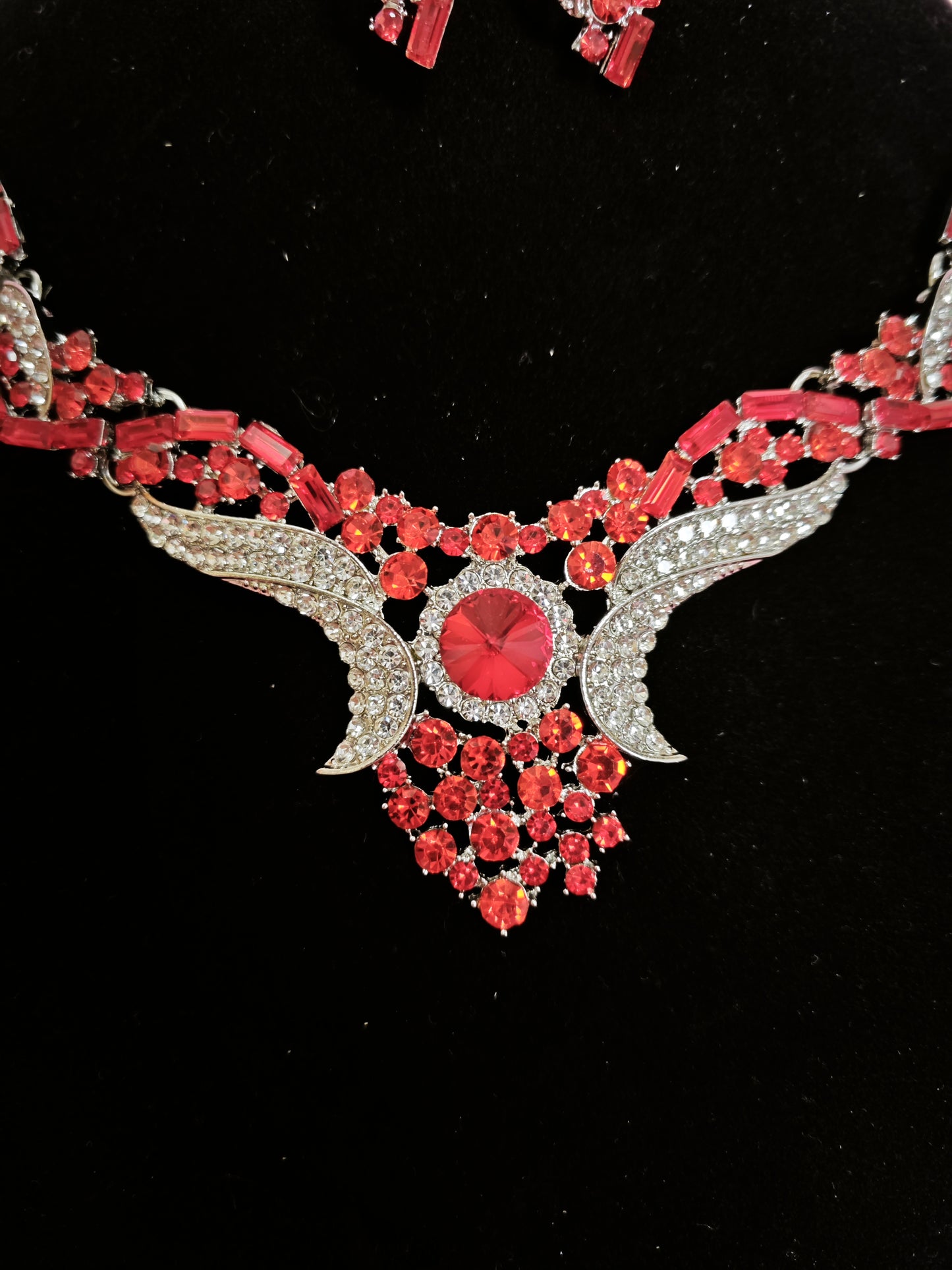 Red Crystal & Diamond Wing Necklace & Earring Set