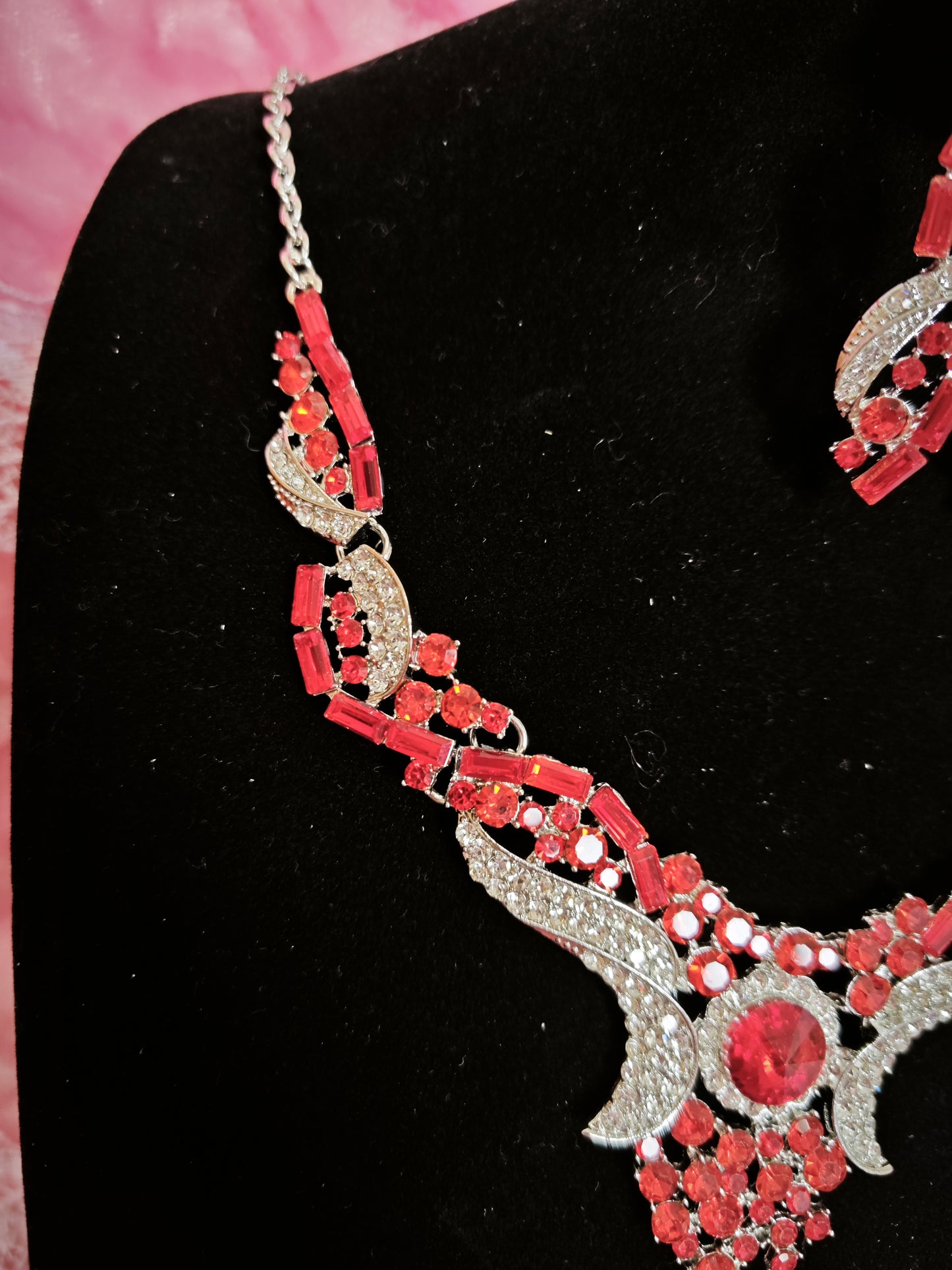 Red Crystal & Diamond Wing Necklace & Earring Set