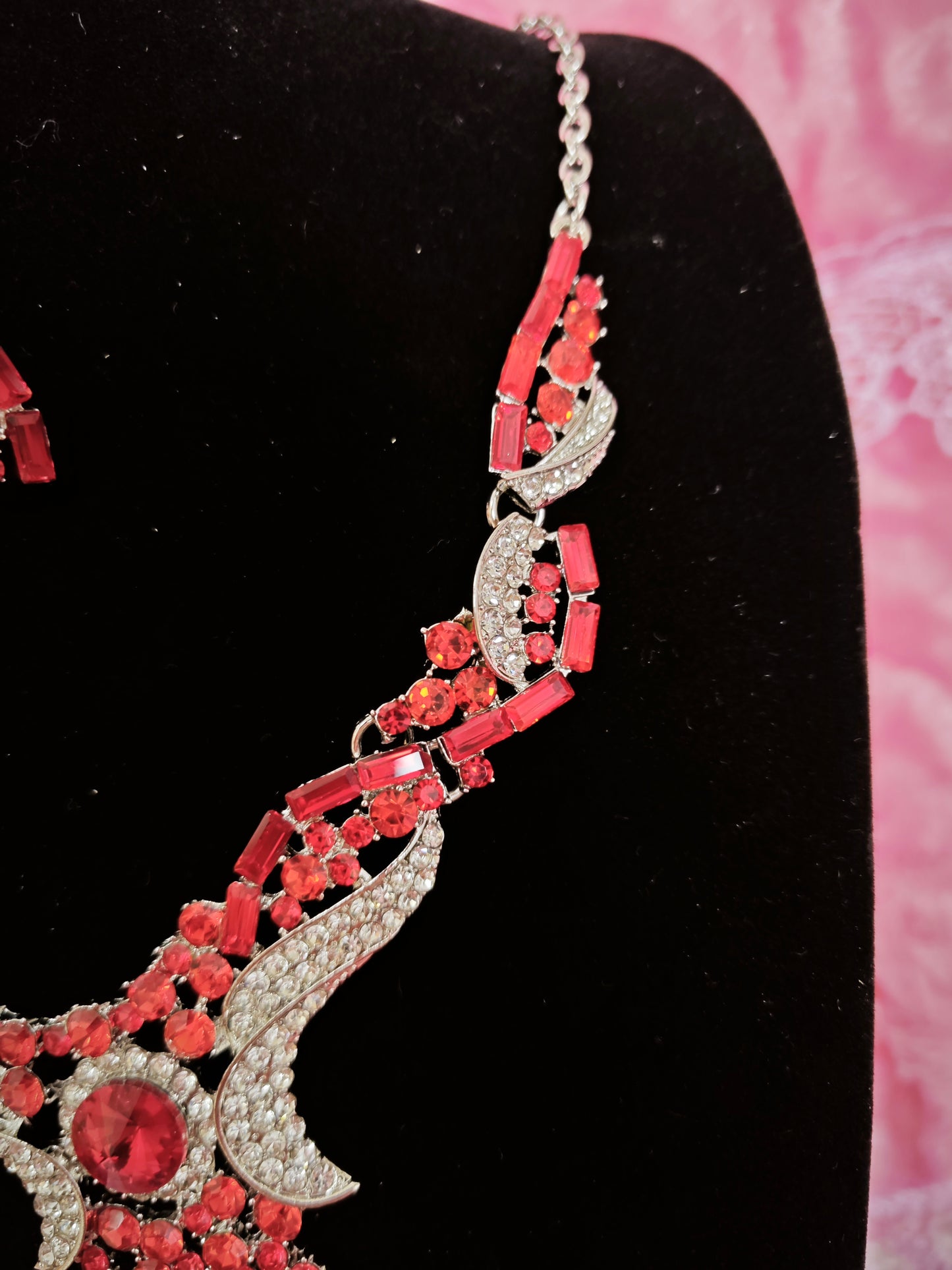Red Crystal & Diamond Wing Necklace & Earring Set