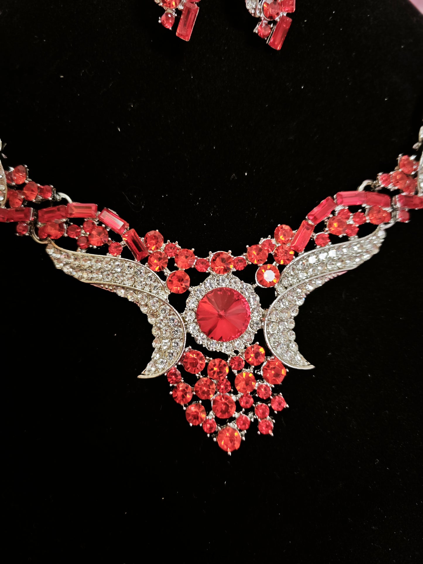 Red Crystal & Diamond Wing Necklace & Earring Set