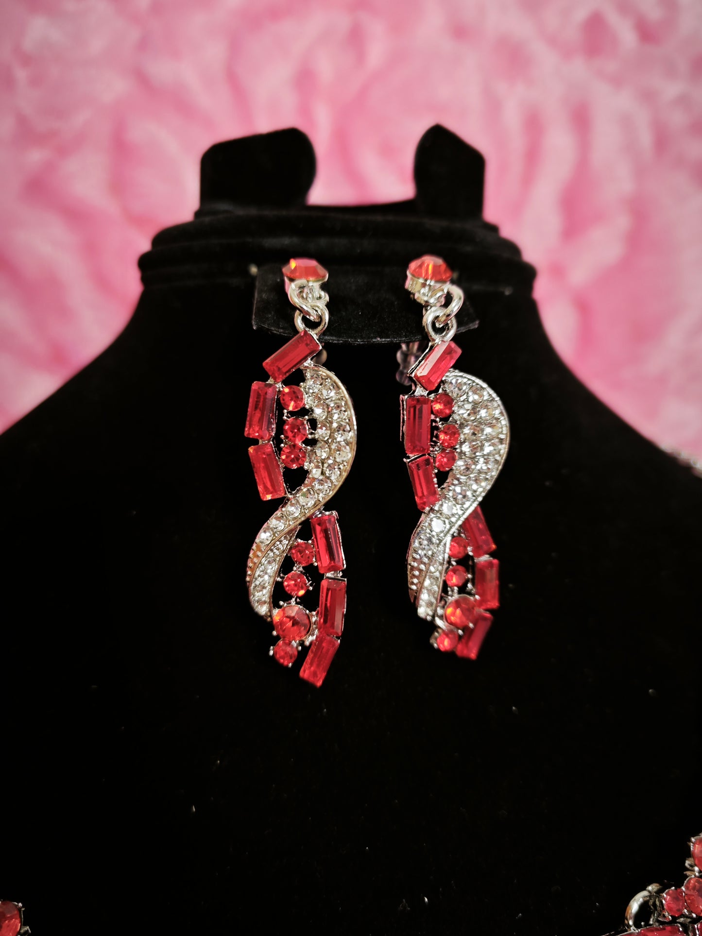Red Crystal & Diamond Wing Necklace & Earring Set