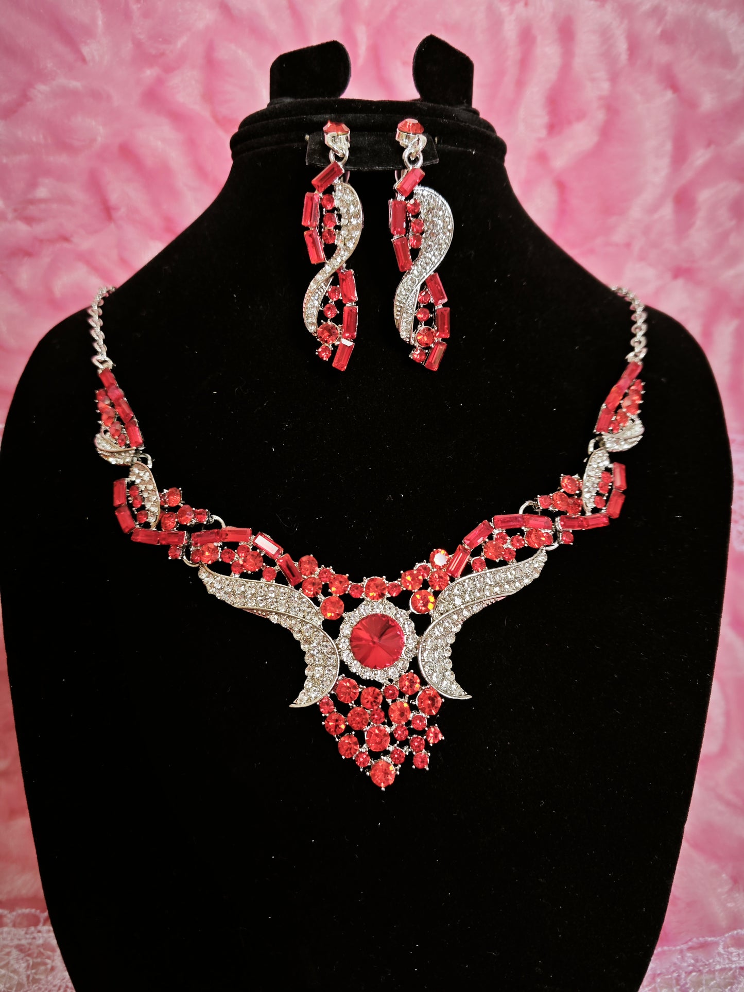 Red Crystal & Diamond Wing Necklace & Earring Set