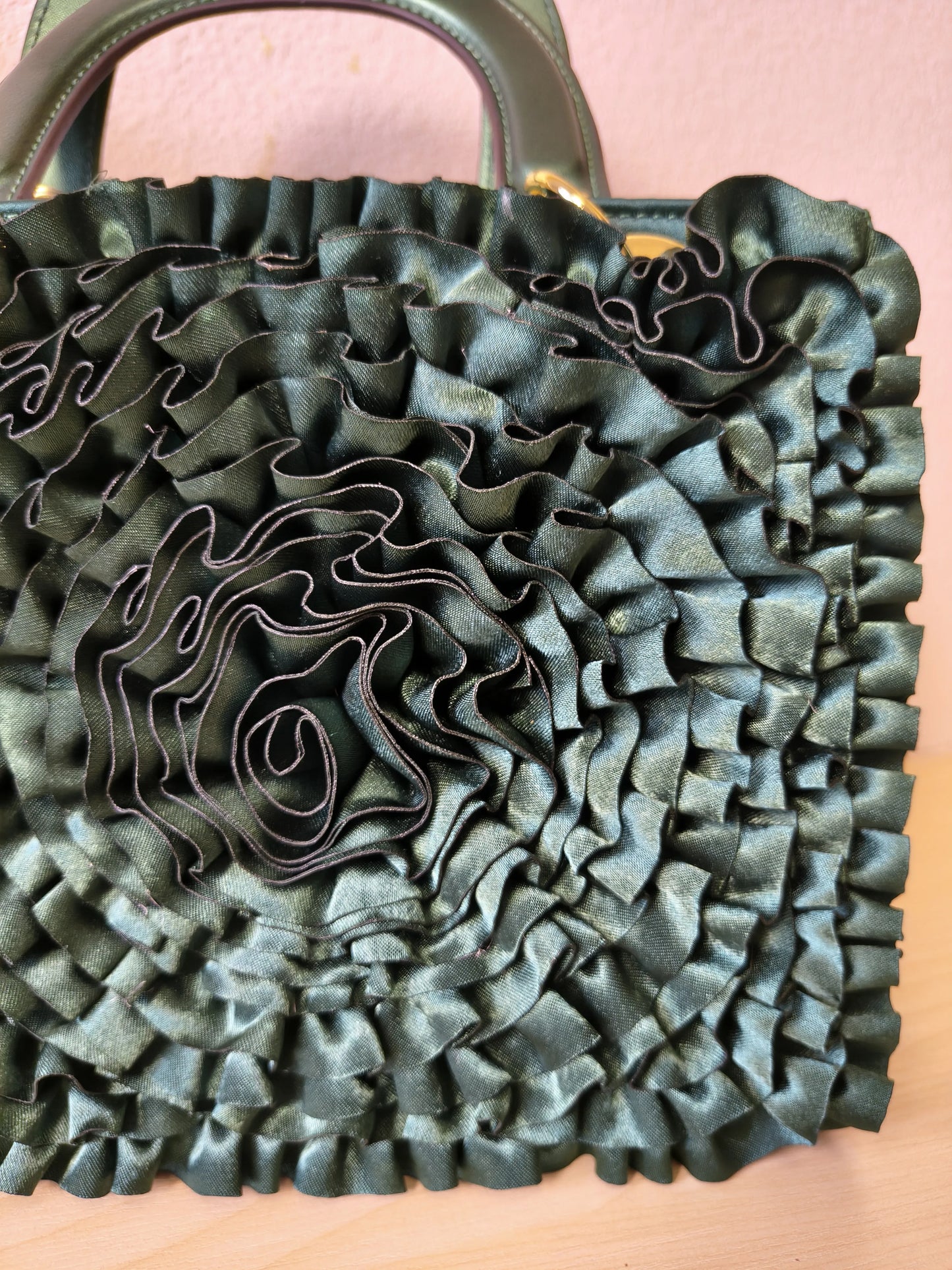 Emerald Green Structured Satin Rose Ruffle Tote Bag (E06)