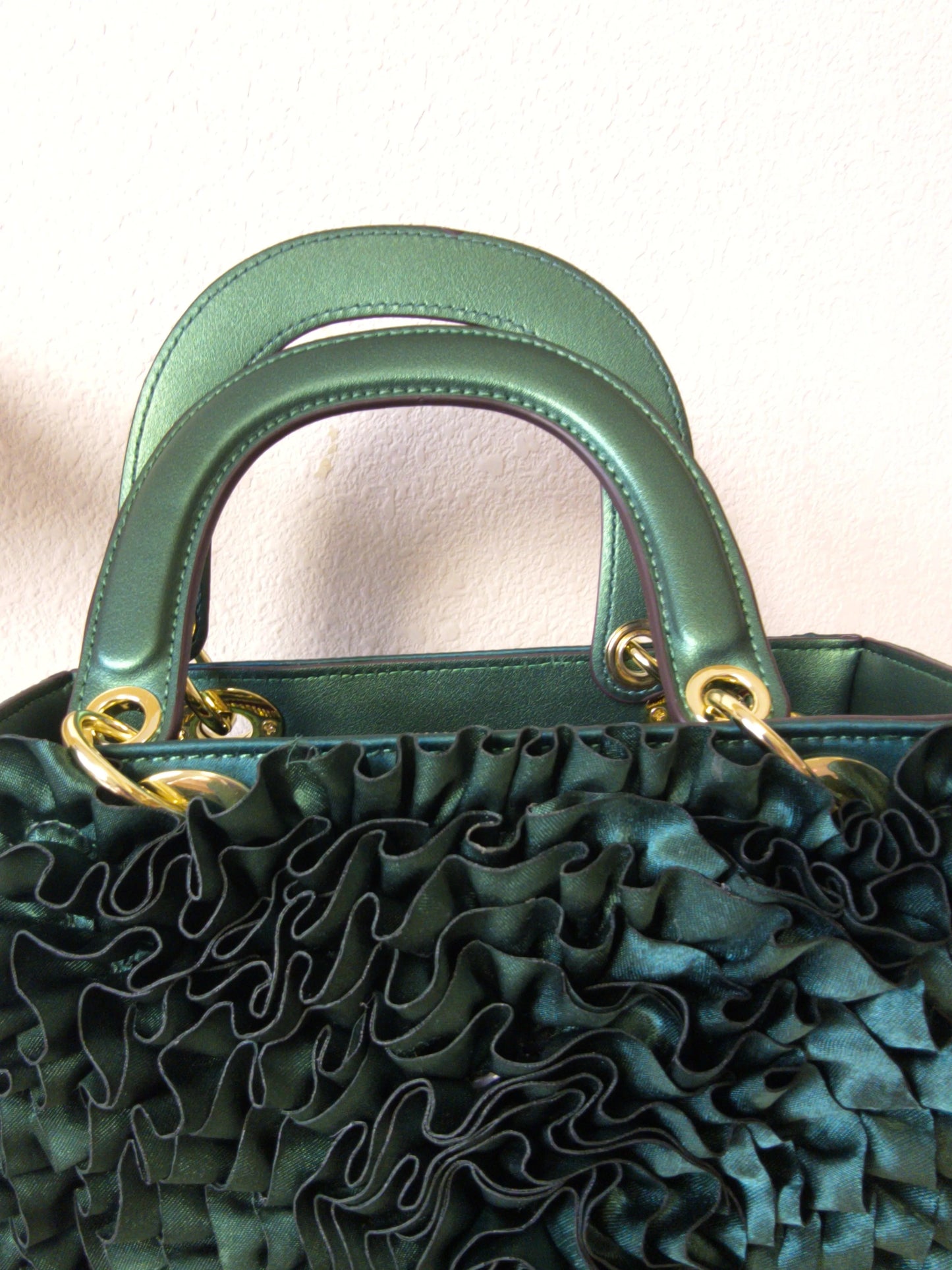 Emerald Green Structured Satin Rose Ruffle Tote Bag (E06)