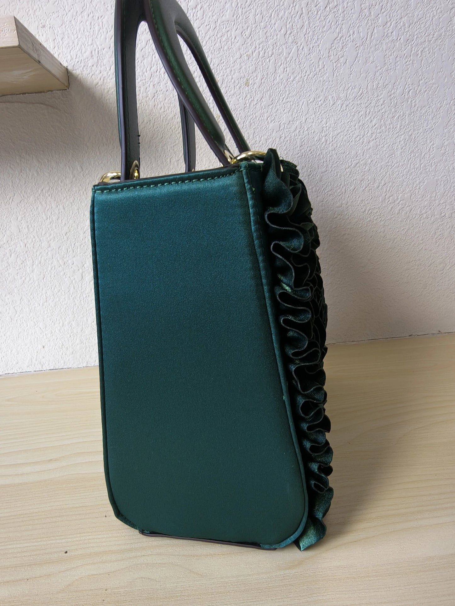 Emerald Green Structured Satin Rose Ruffle Tote Bag (E06)