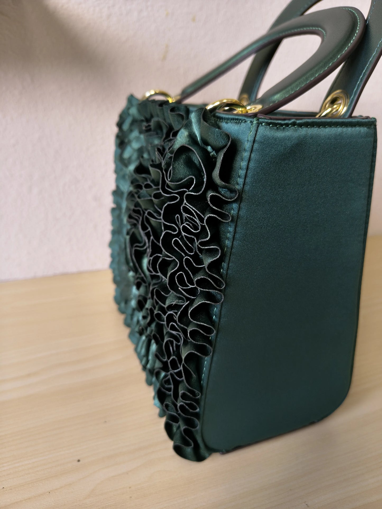 Emerald Green Structured Satin Rose Ruffle Tote Bag (E06)