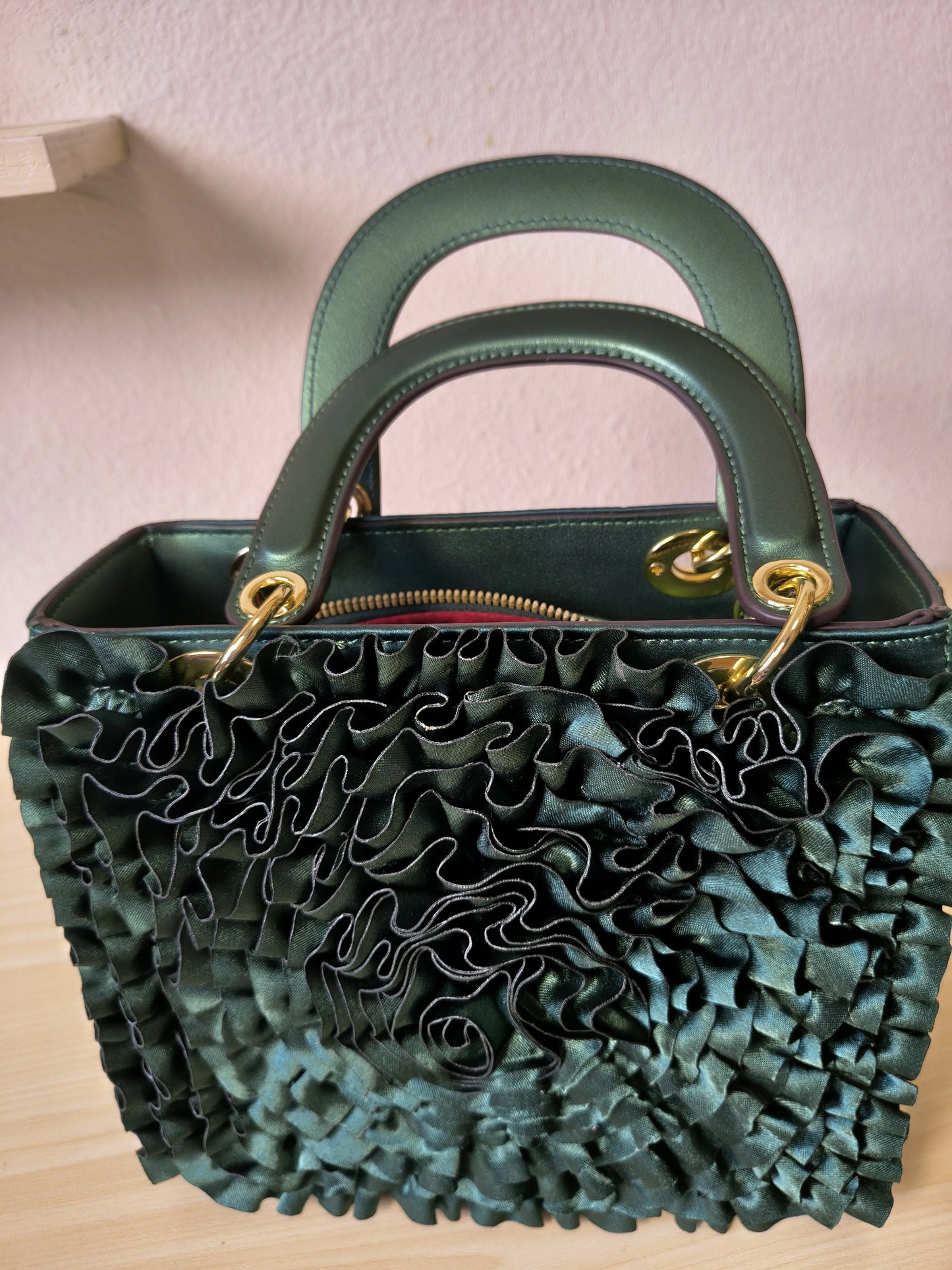 Emerald Green Structured Satin Rose Ruffle Tote Bag (E06)