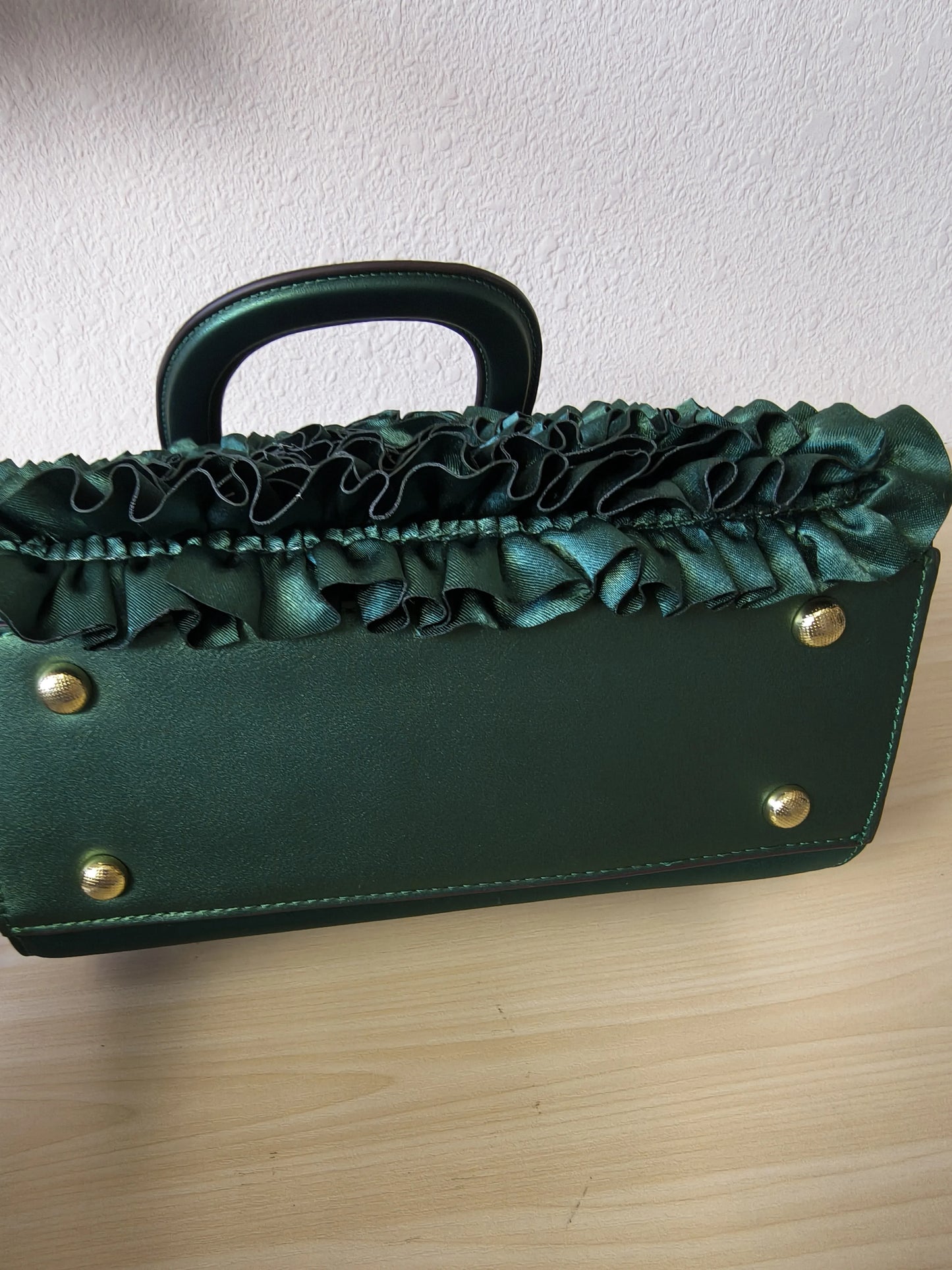 Emerald Green Structured Satin Rose Ruffle Tote Bag (E06)