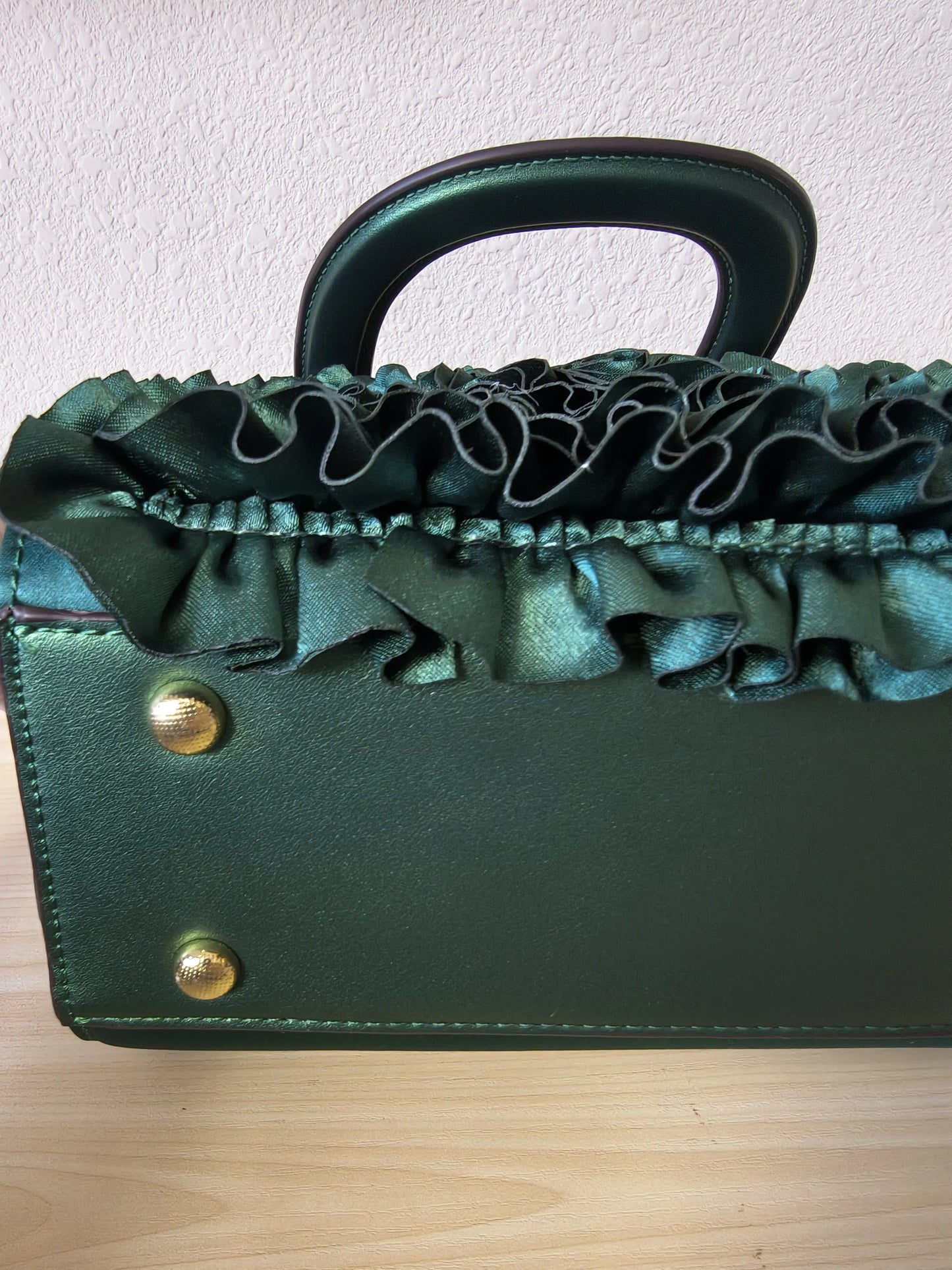 Emerald Green Structured Satin Rose Ruffle Tote Bag (E06)