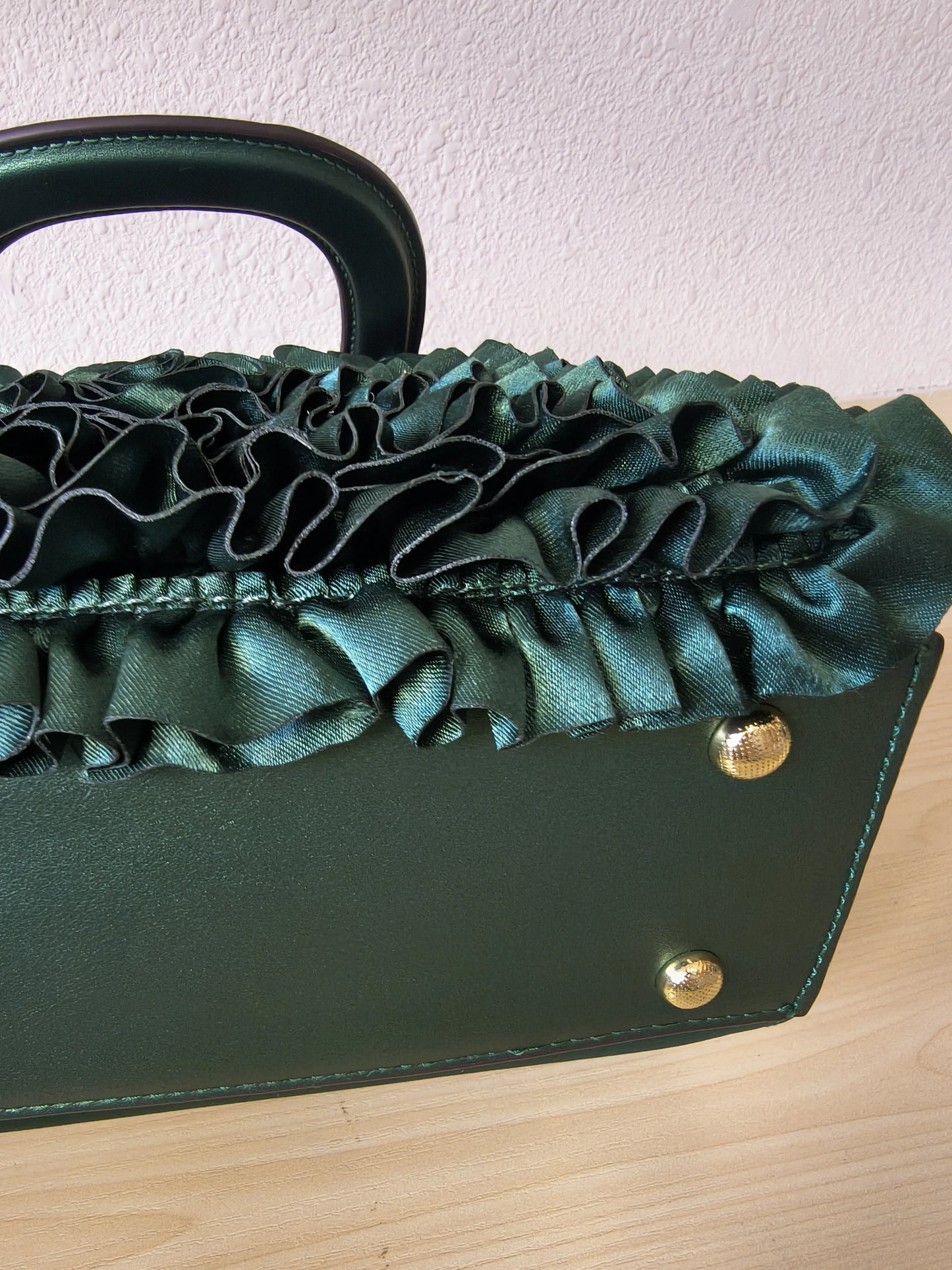 Emerald Green Structured Satin Rose Ruffle Tote Bag (E06)