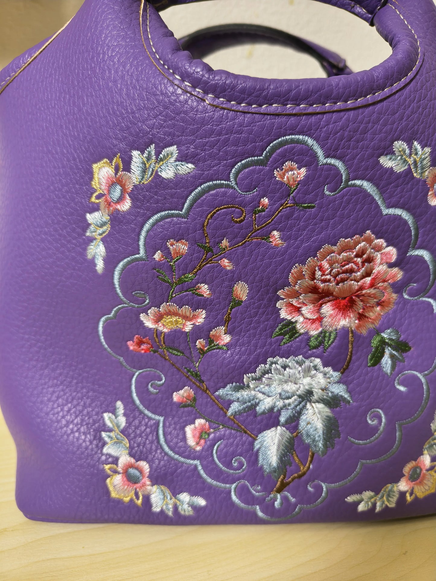 Deep Purple Peony Floral Embroidery Bucket Bag (E11)