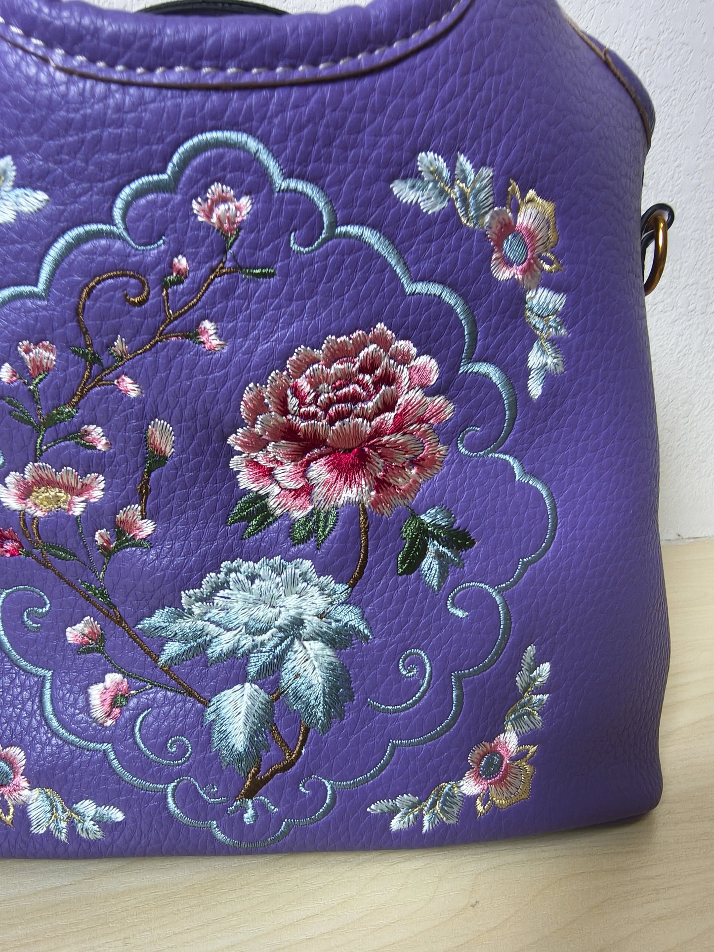 Deep Purple Peony Floral Embroidery Bucket Bag (E11)
