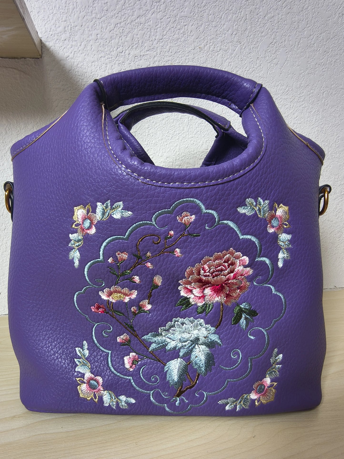 Deep Purple Peony Floral Embroidery Bucket Bag (E11)