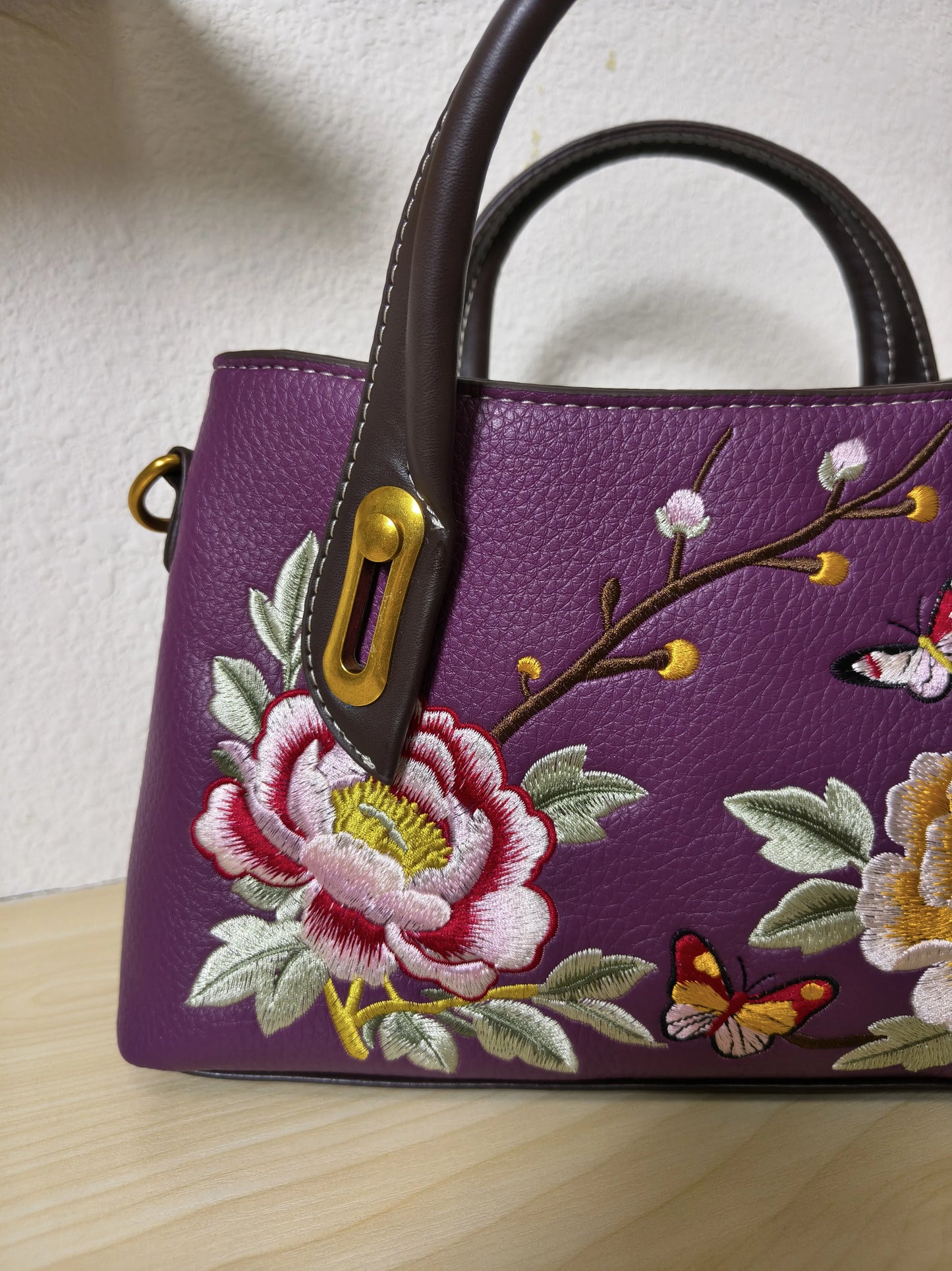 Deep Purple Peony & Butterfly Embroidery Structured Tote Bag (E14)