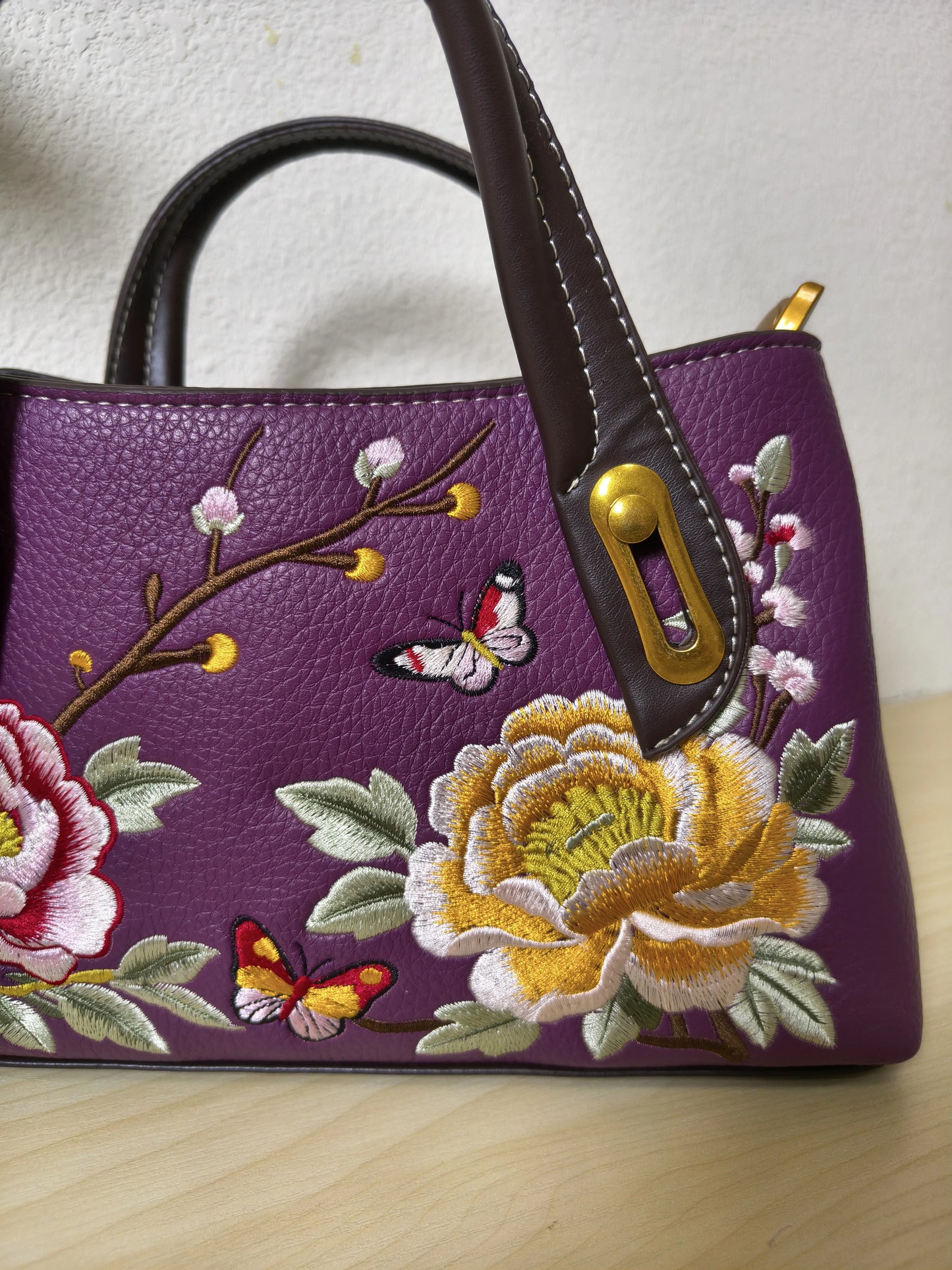Deep Purple Peony & Butterfly Embroidery Structured Tote Bag (E14)