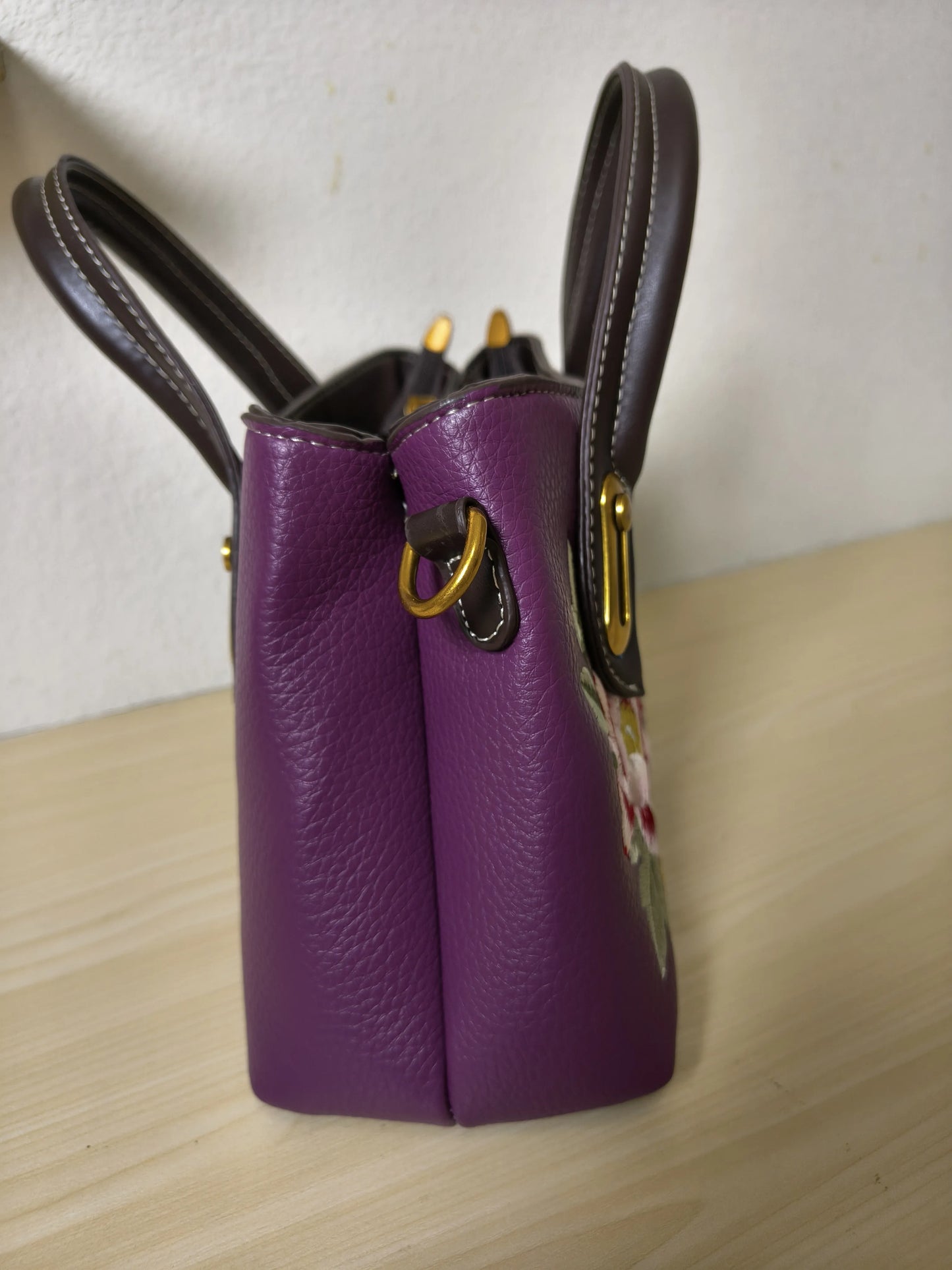 Deep Purple Peony & Butterfly Embroidery Structured Tote Bag (E14)