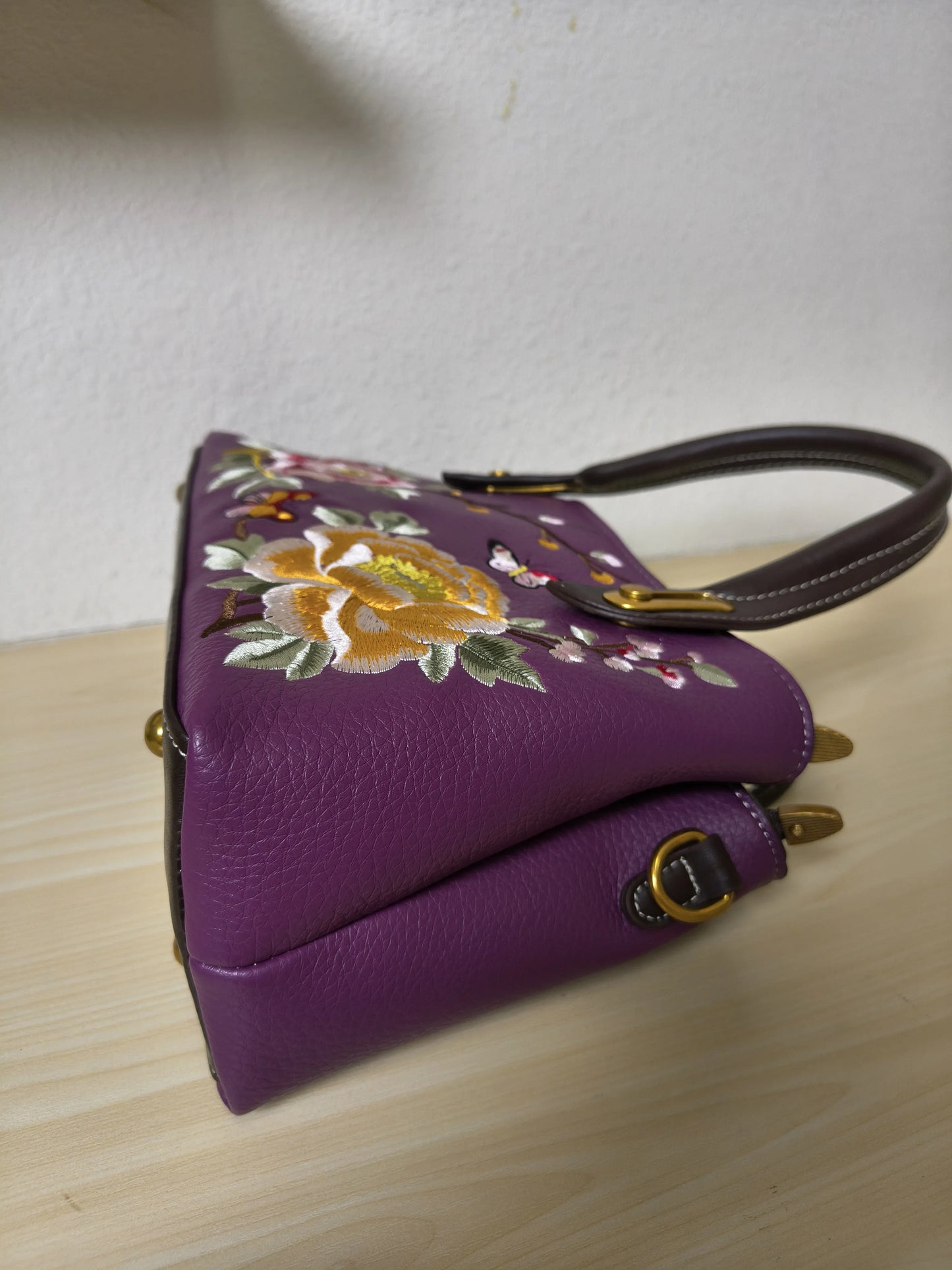 Deep Purple Peony & Butterfly Embroidery Structured Tote Bag (E14)