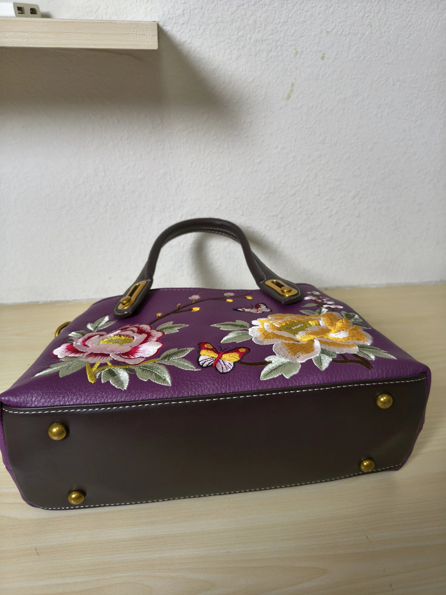 Deep Purple Peony & Butterfly Embroidery Structured Tote Bag (E14)