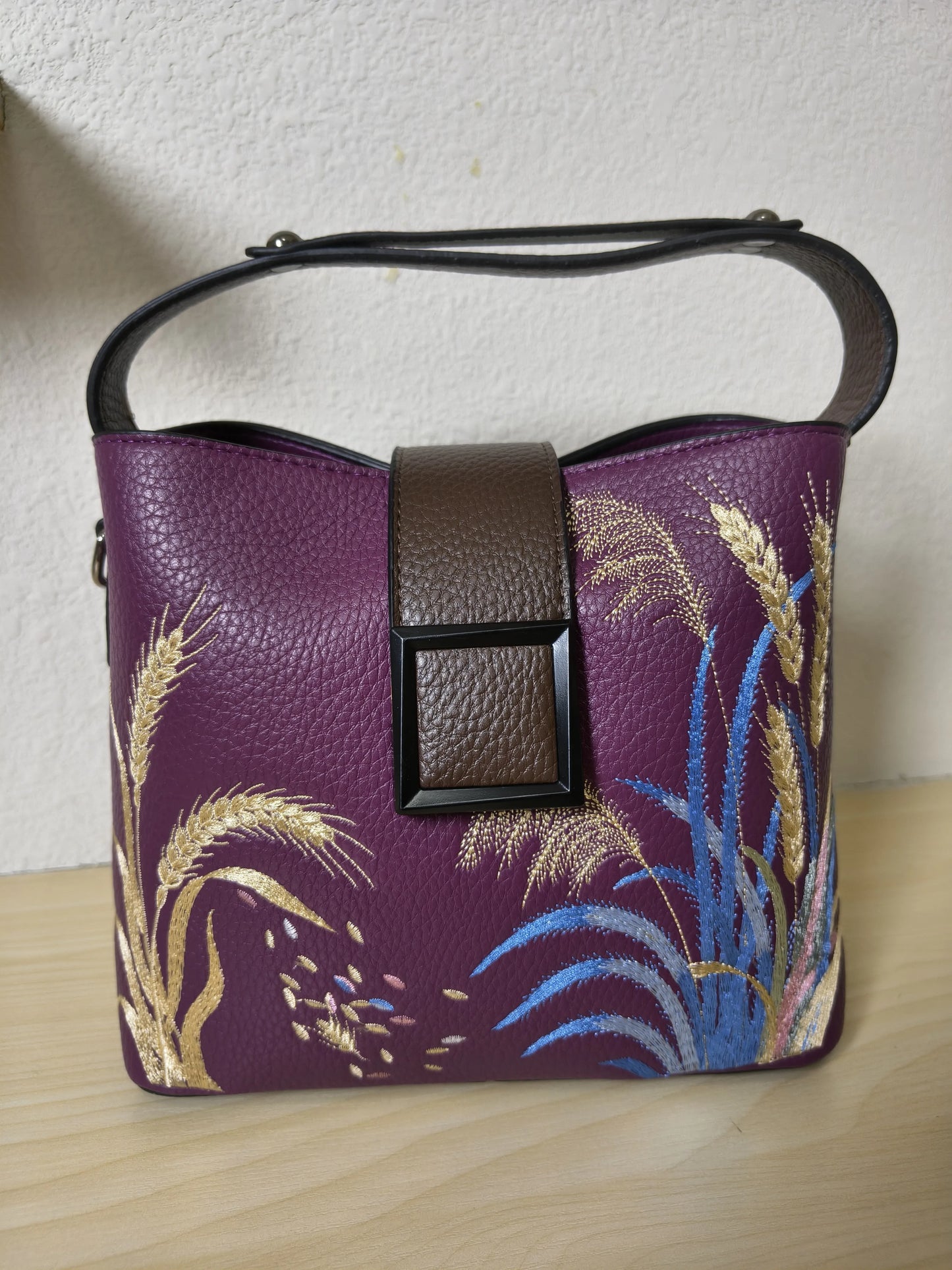 Deep Purple Golden Wheat & Grass Embroidery Mini Bucket Bag (E17)