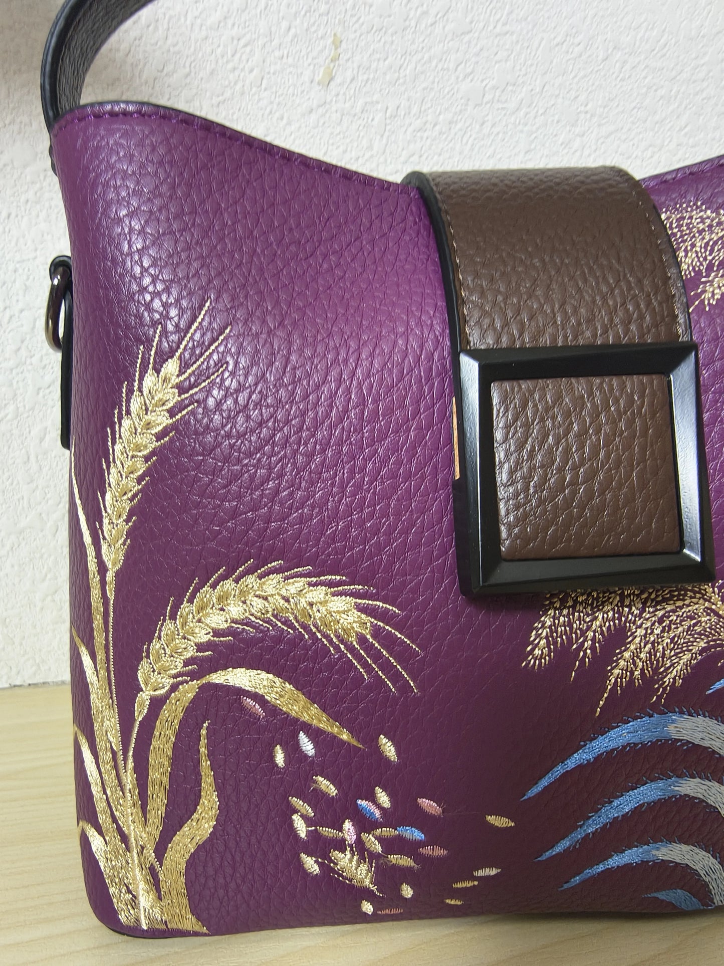 Deep Purple Golden Wheat & Grass Embroidery Mini Bucket Bag (E17)