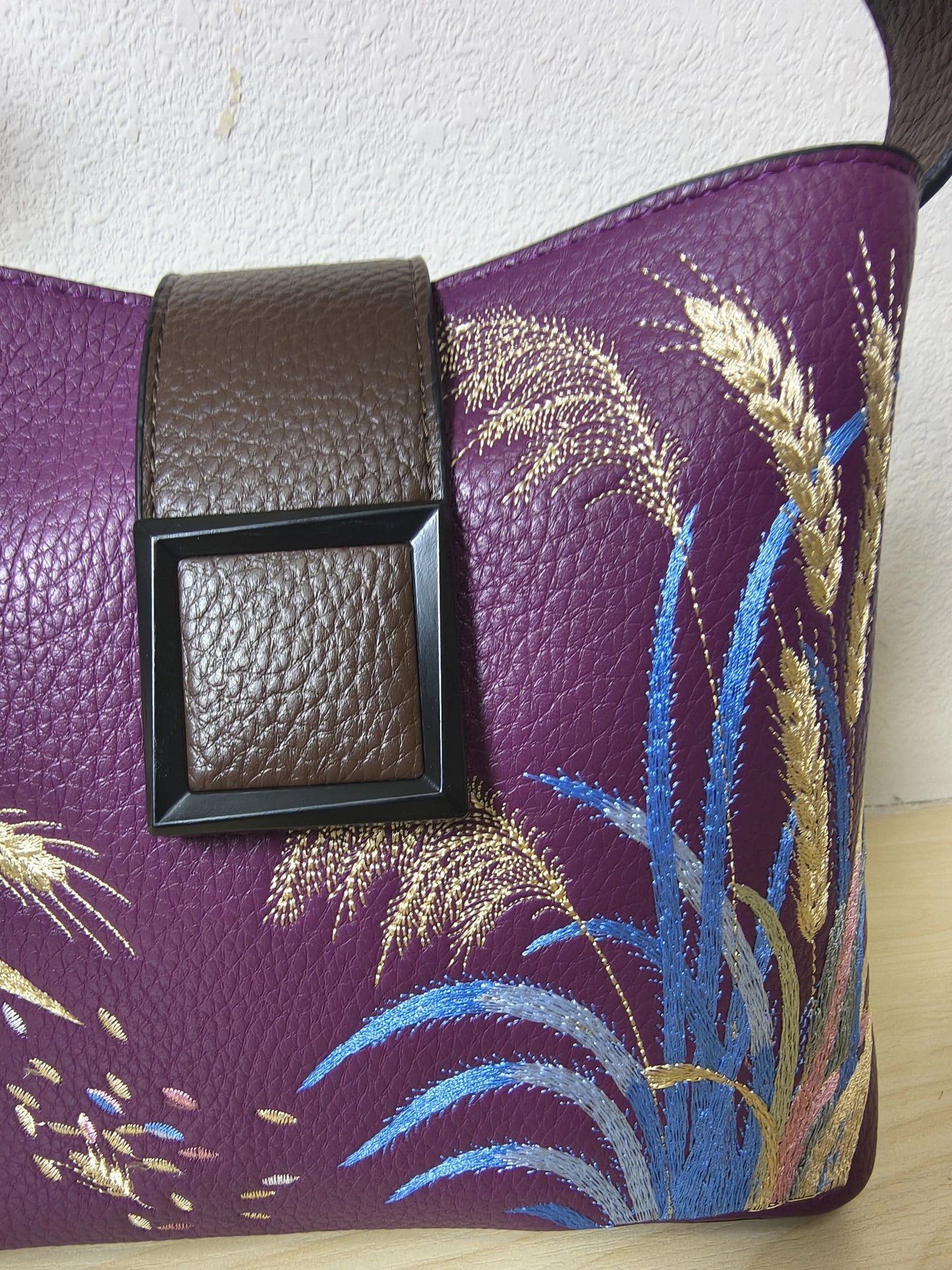 Deep Purple Golden Wheat & Grass Embroidery Mini Bucket Bag (E17)