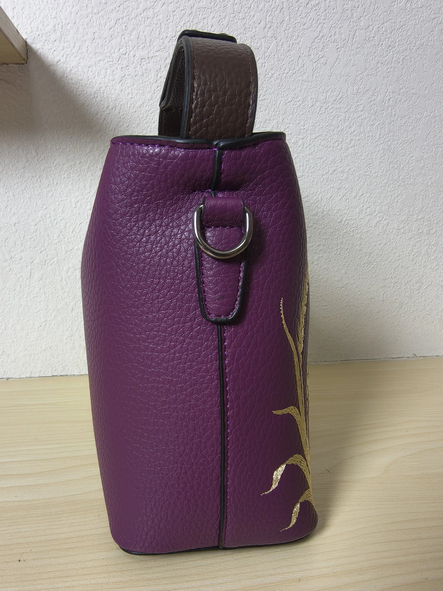 Deep Purple Golden Wheat & Grass Embroidery Mini Bucket Bag (E17)