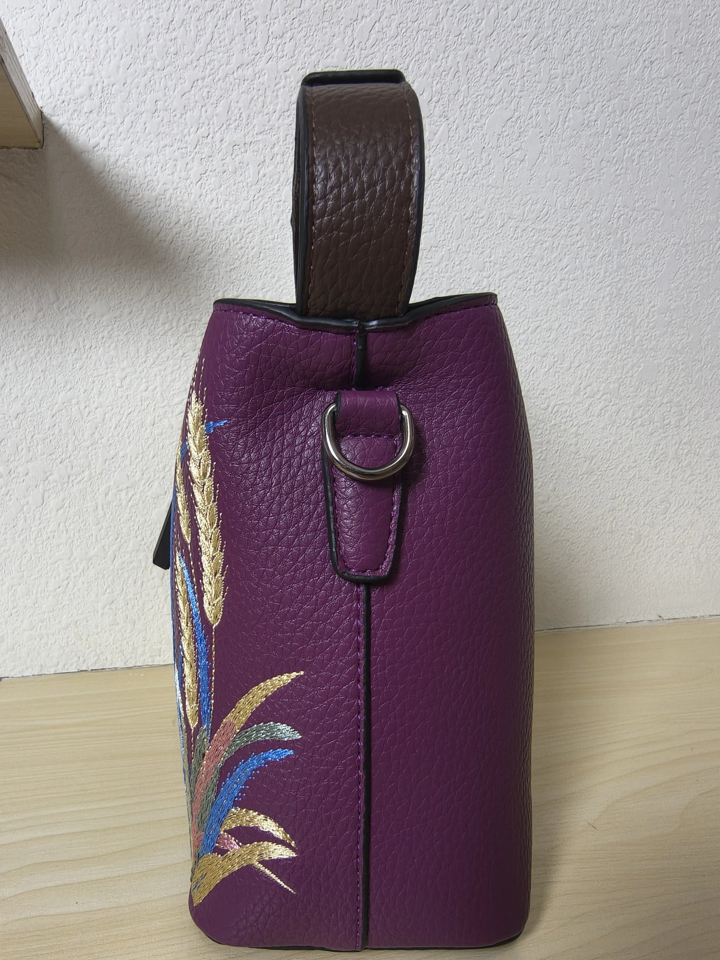 Deep Purple Golden Wheat & Grass Embroidery Mini Bucket Bag (E17)