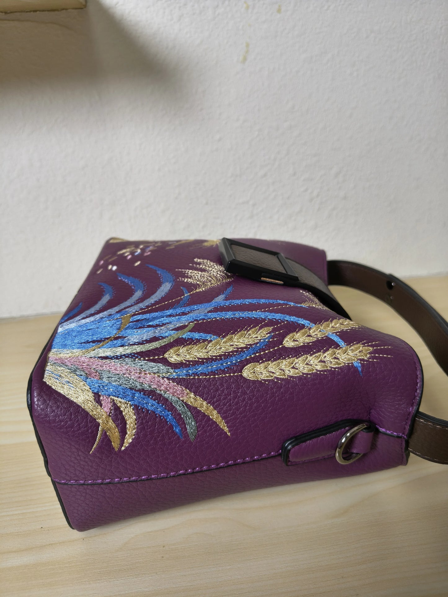 Deep Purple Golden Wheat & Grass Embroidery Mini Bucket Bag (E17)