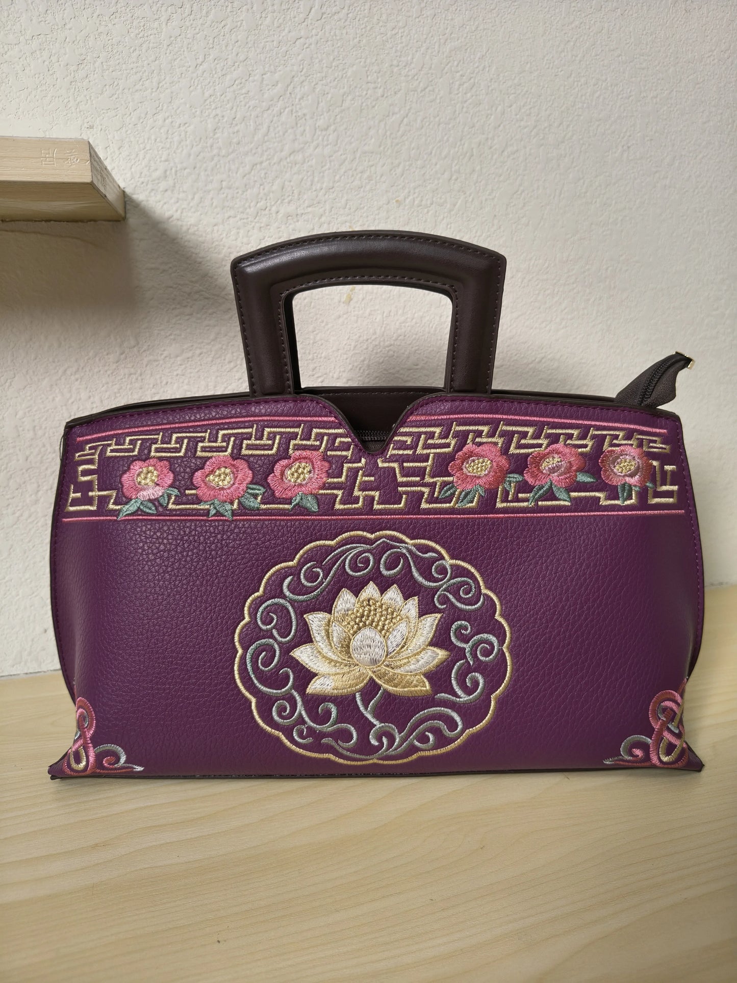 Deep Purple Golden Lotus & Peony Embroidery Structured Tote Bag (E22)