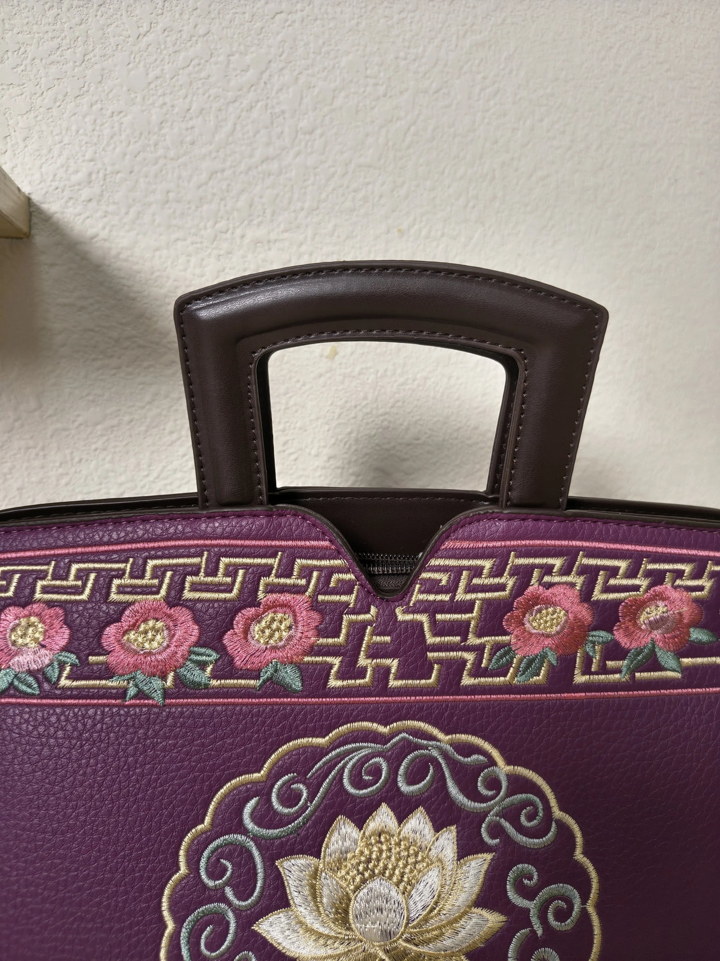 Deep Purple Golden Lotus & Peony Embroidery Structured Tote Bag (E22)