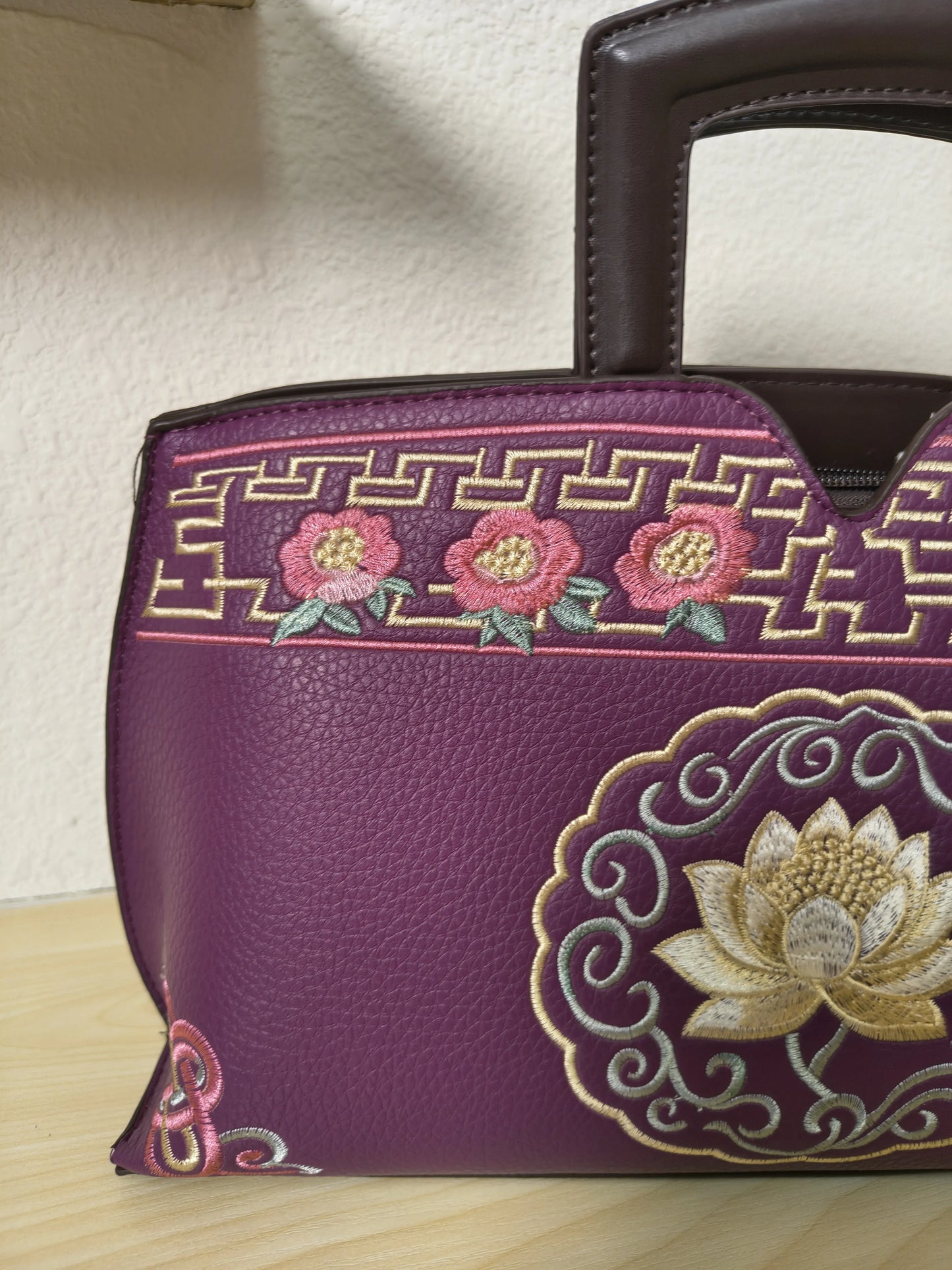 Deep Purple Golden Lotus & Peony Embroidery Structured Tote Bag (E22)