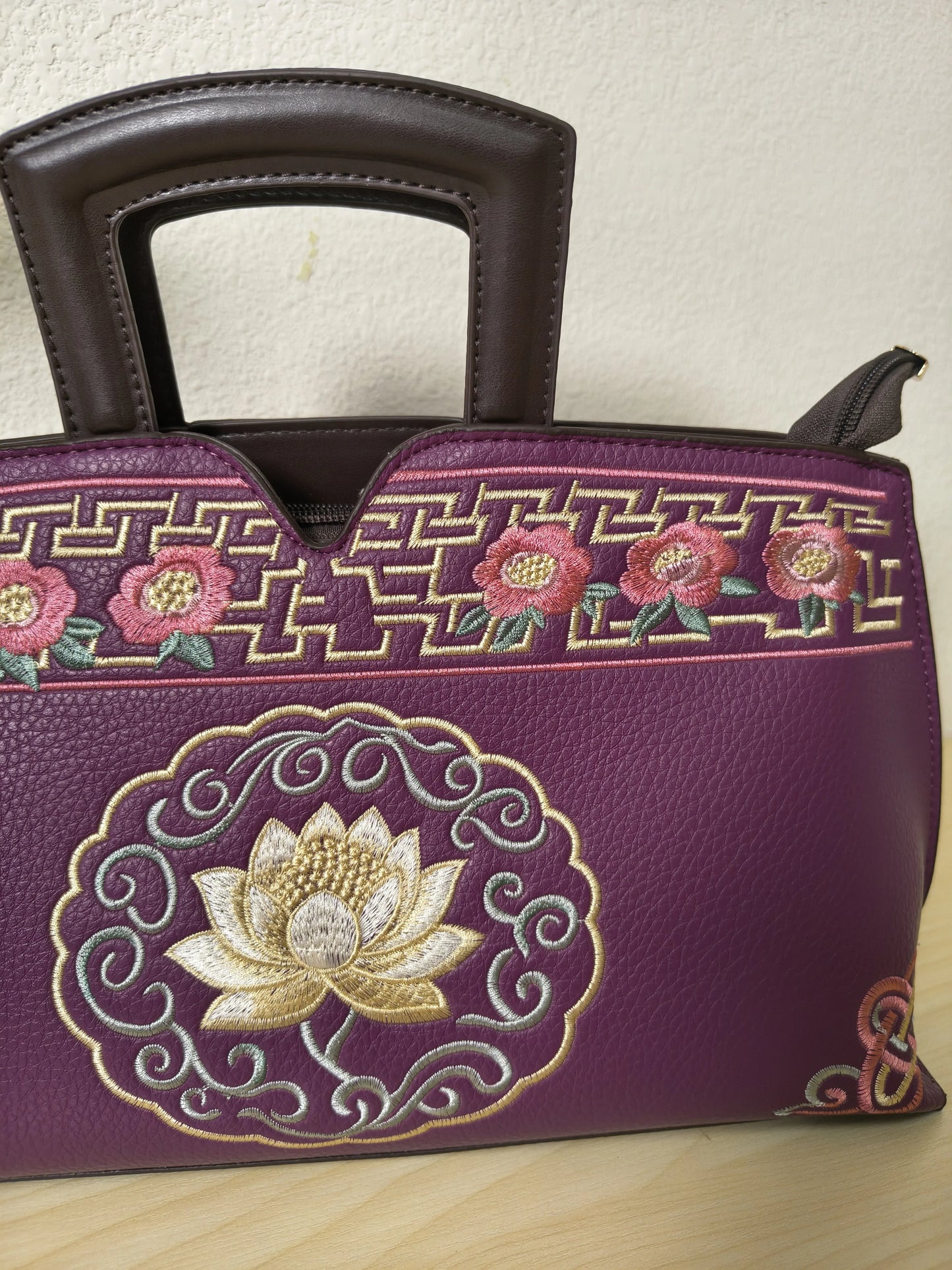 Deep Purple Golden Lotus & Peony Embroidery Structured Tote Bag (E22)